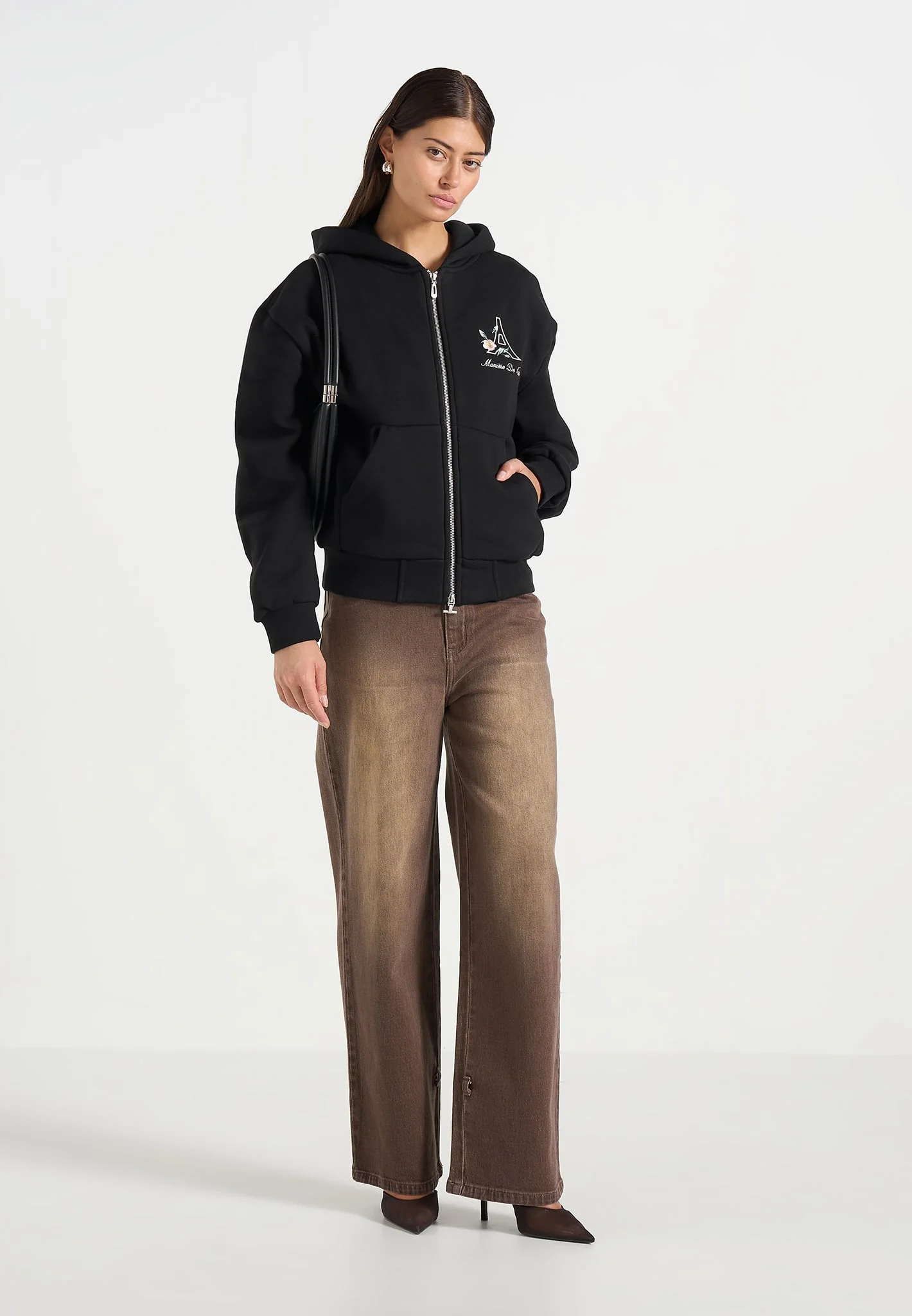 JS009 - Unisex Floral Eiffel Zip Hoodie - Black - Image 3