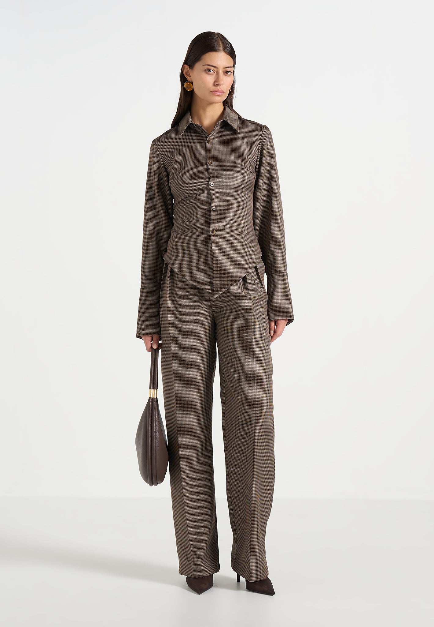 Julie - Houndstooth Twin Pleat Trousers - Brown