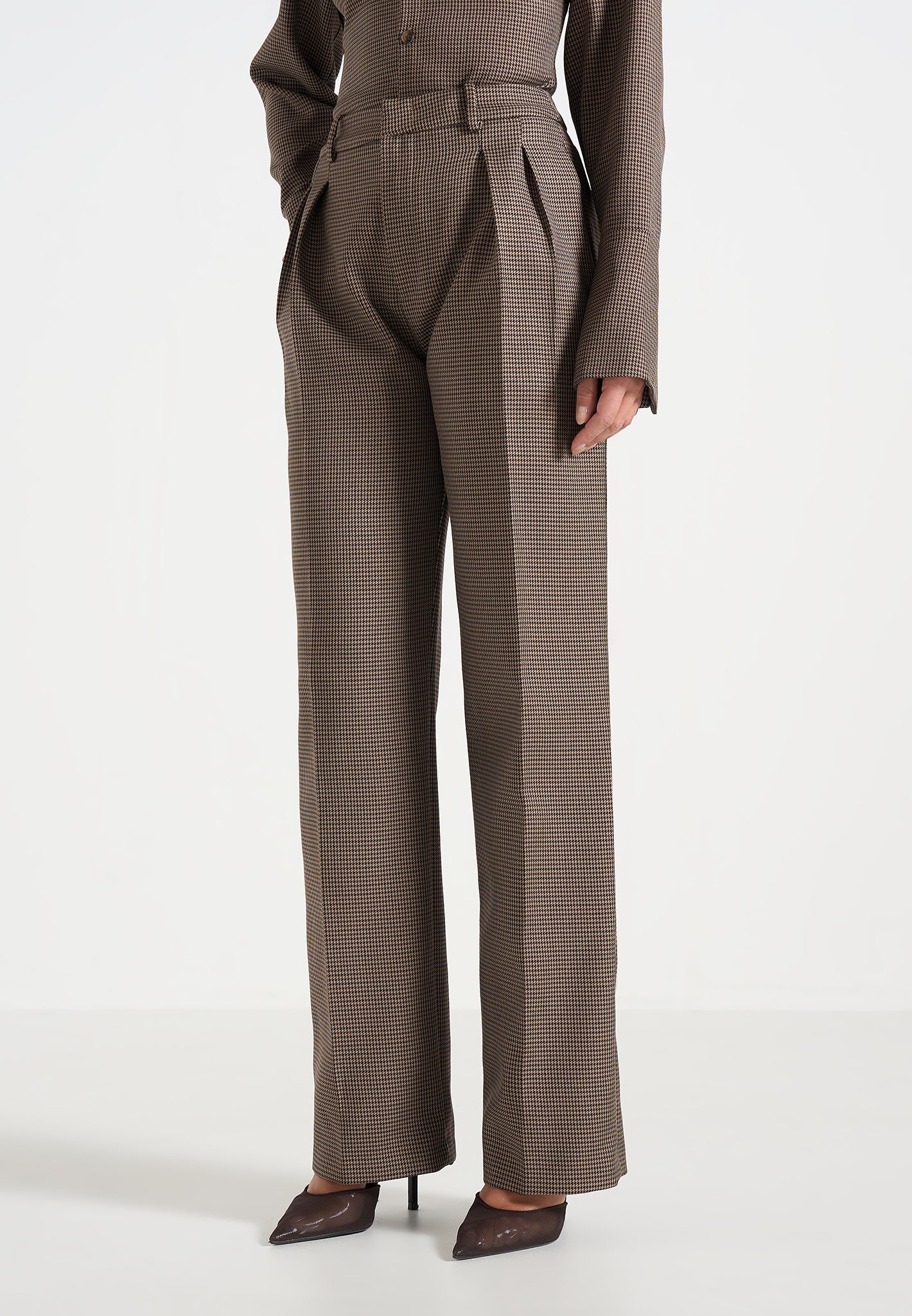 Julie - Houndstooth Twin Pleat Trousers - Brown - Image 3