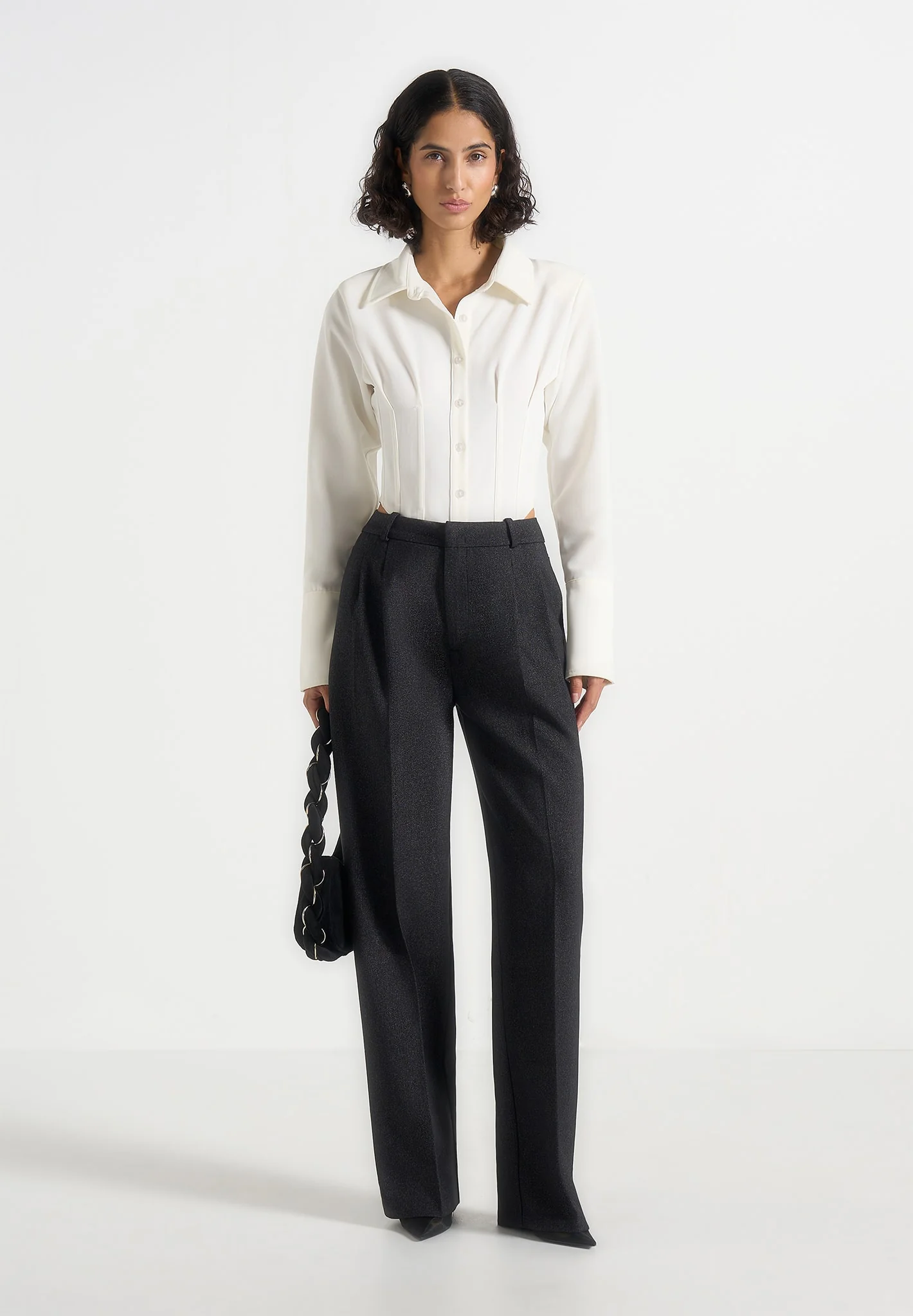 Julie - Tailored Twin Pleat Trousers - Black Speckle - Image 2