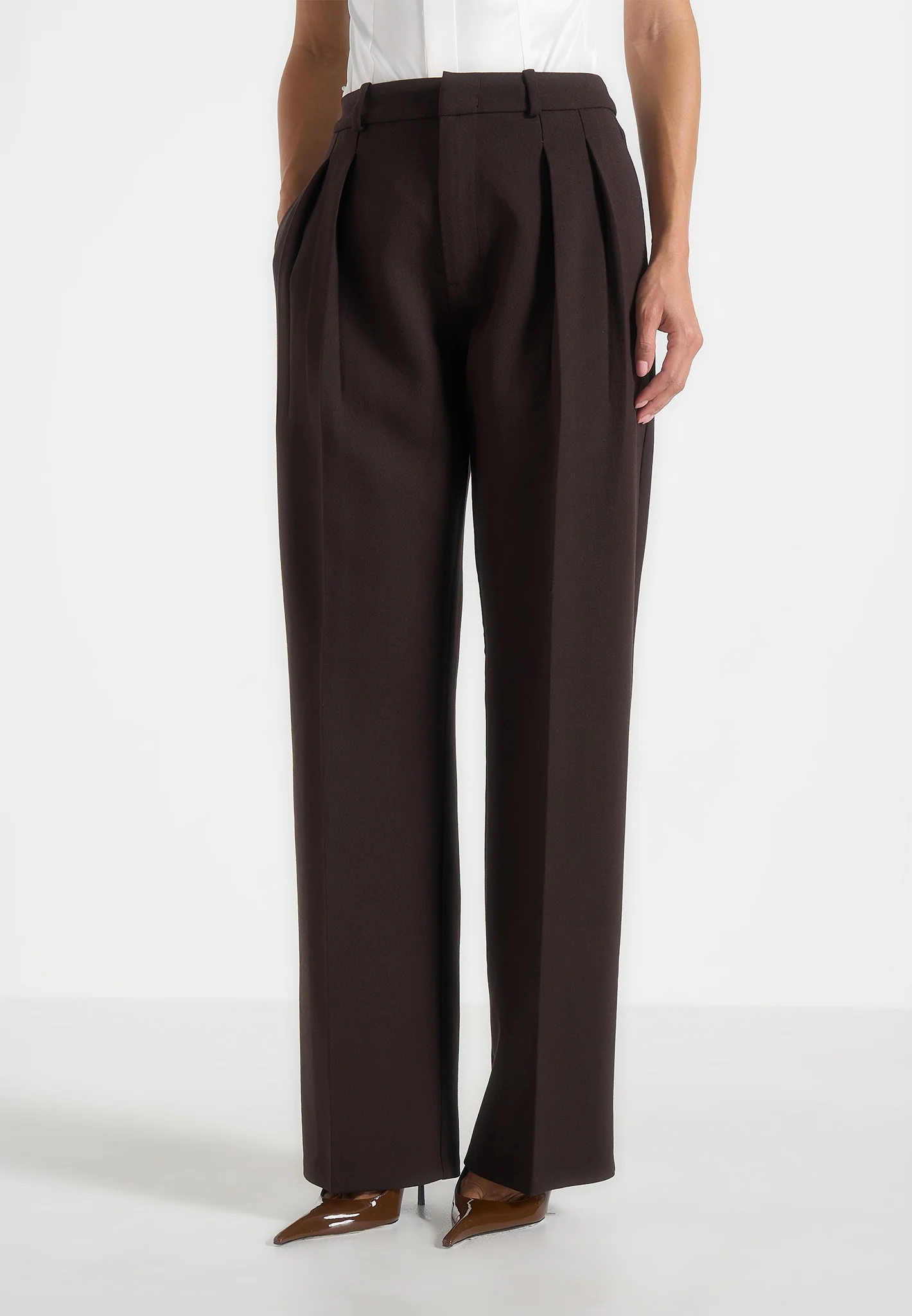 Julie - Tailored Twin Pleat Trousers - Dark Brown