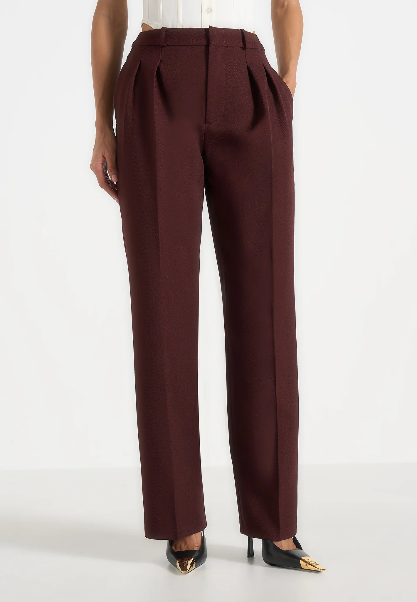 Julie - Tailored Twin Pleat Trousers - Wine Red - Image 2