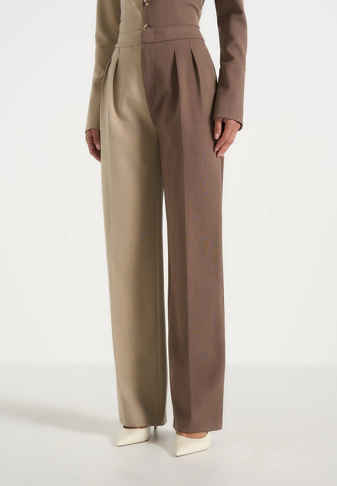 Julie - Two Tone Tailored Trousers - Taupe/Brown