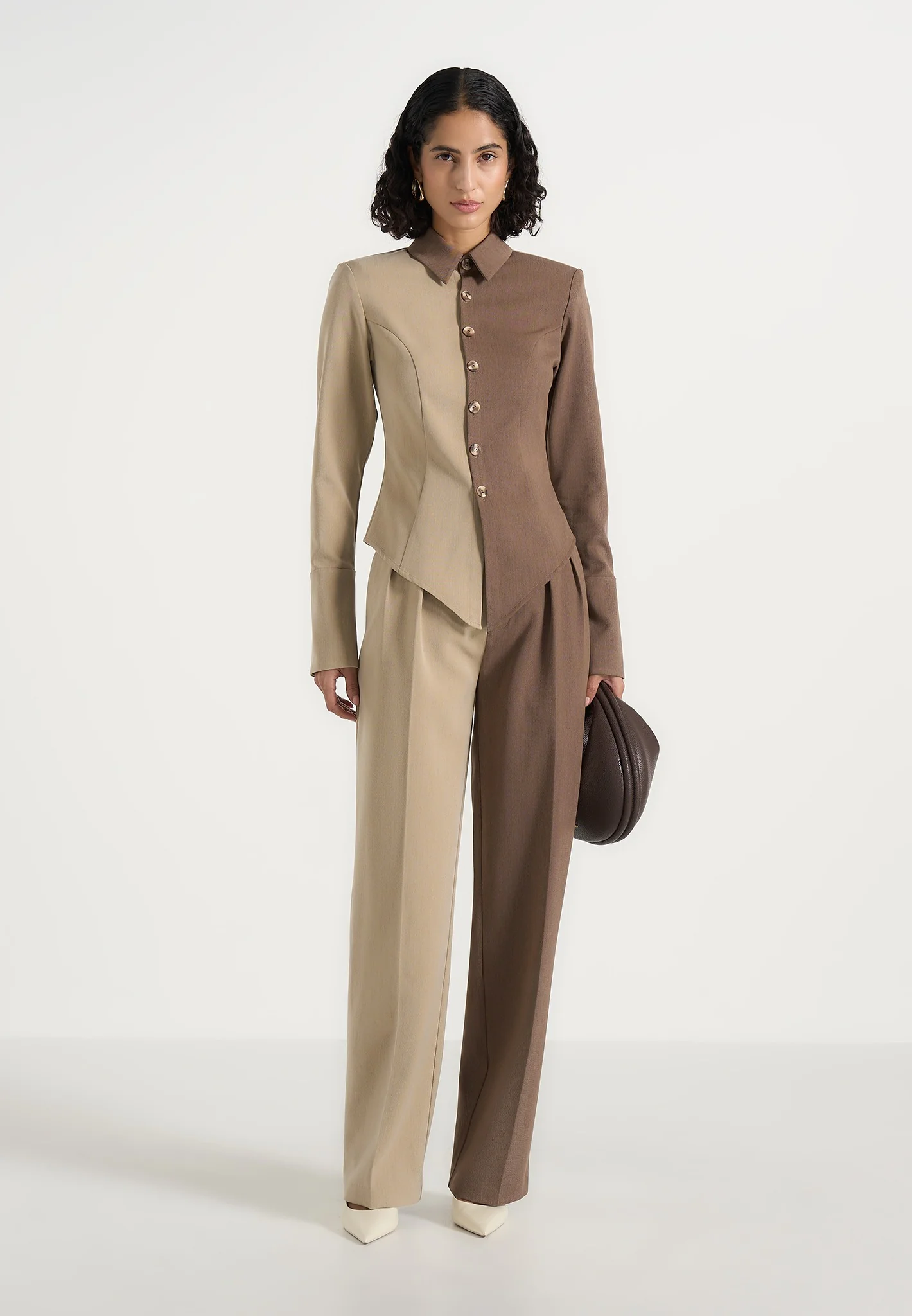 Julie - Two Tone Tailored Trousers - Taupe/Brown - Image 2