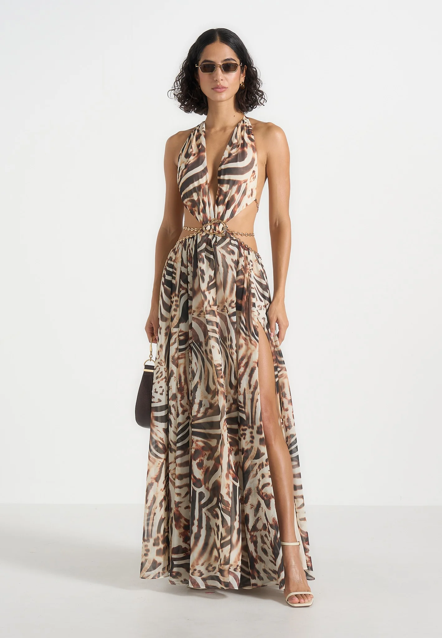 June - Chain Belt Cut-Out Georgette Halter Maxi Dress - Animal