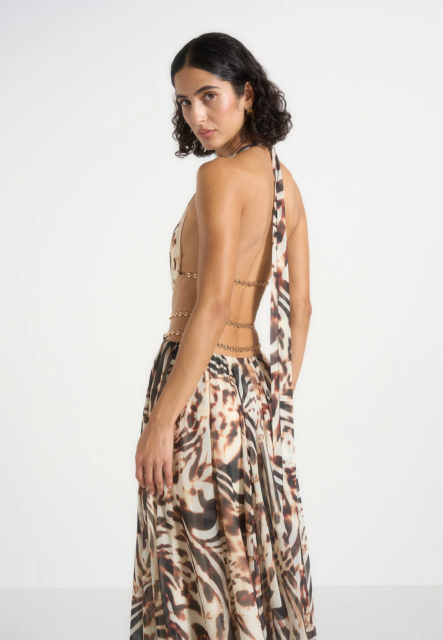 June - Chain Belt Cut-Out Georgette Halter Maxi Dress - Animal - Image 2