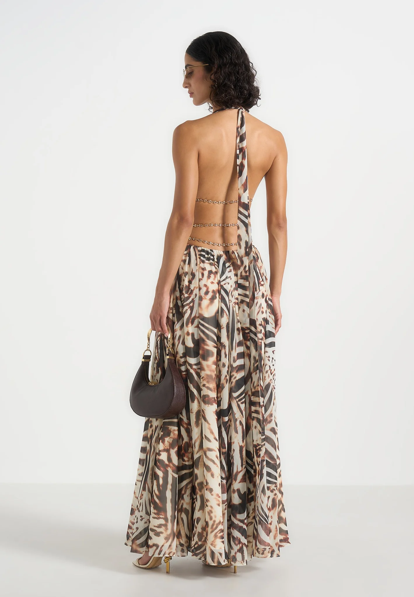 June - Chain Belt Cut-Out Georgette Halter Maxi Dress - Animal - Image 3