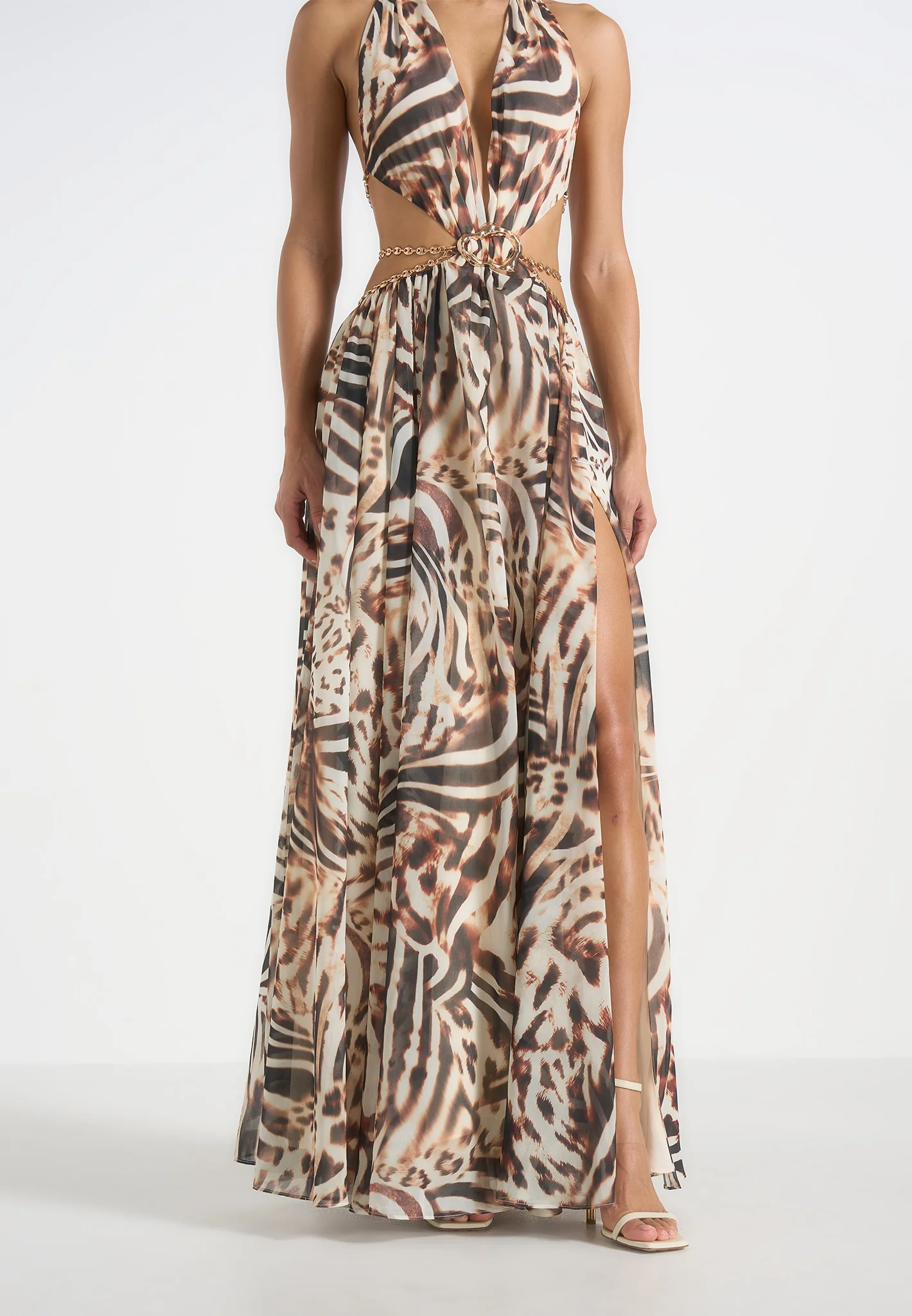 June - Chain Belt Cut-Out Georgette Halter Maxi Dress - Animal - Image 5