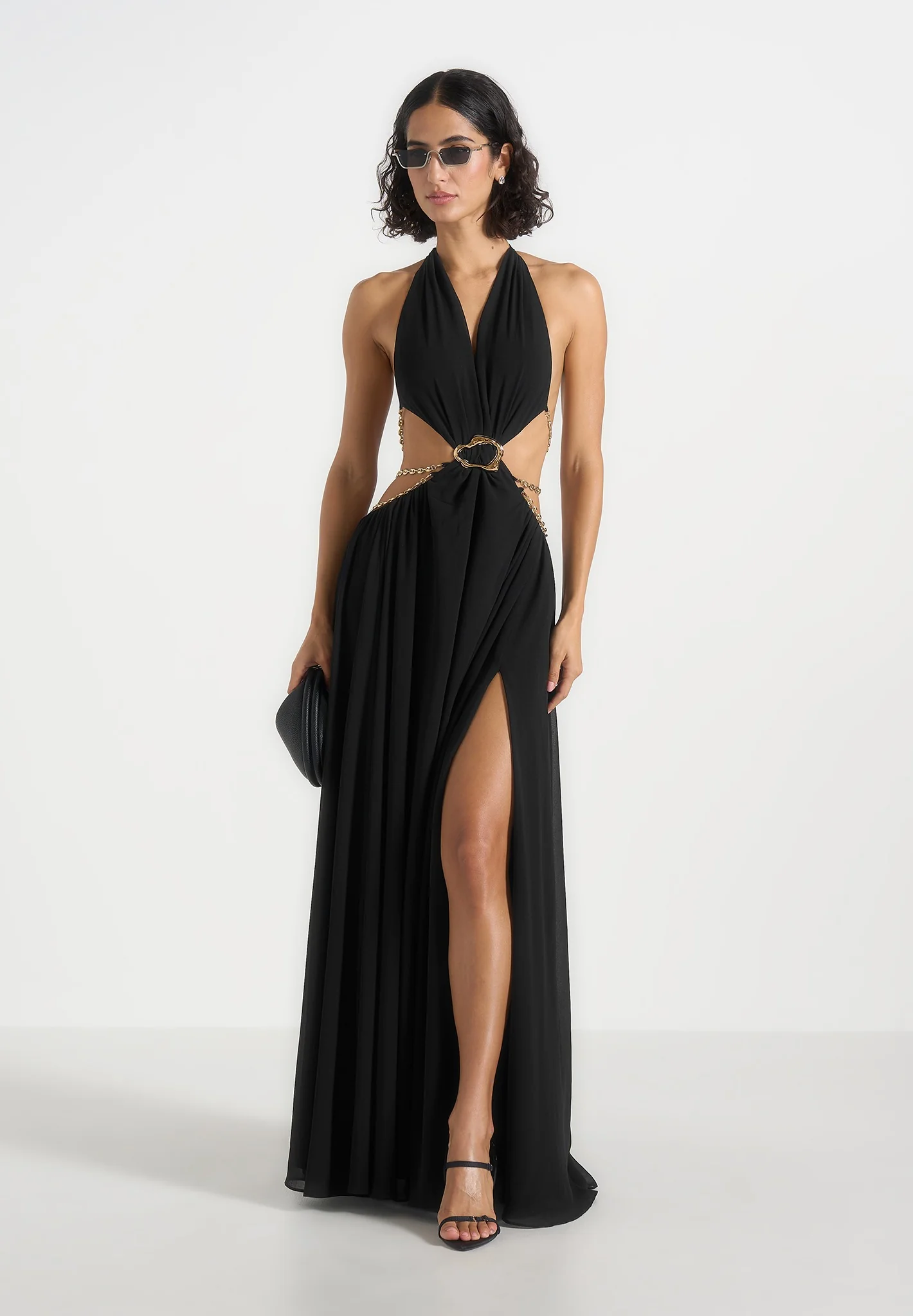 June - Chain Belt Cut-Out Georgette Halter Maxi Dress - Black