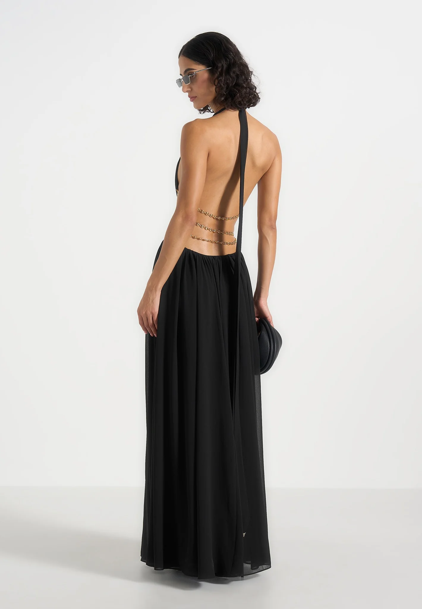 June - Chain Belt Cut-Out Georgette Halter Maxi Dress - Black - Image 2