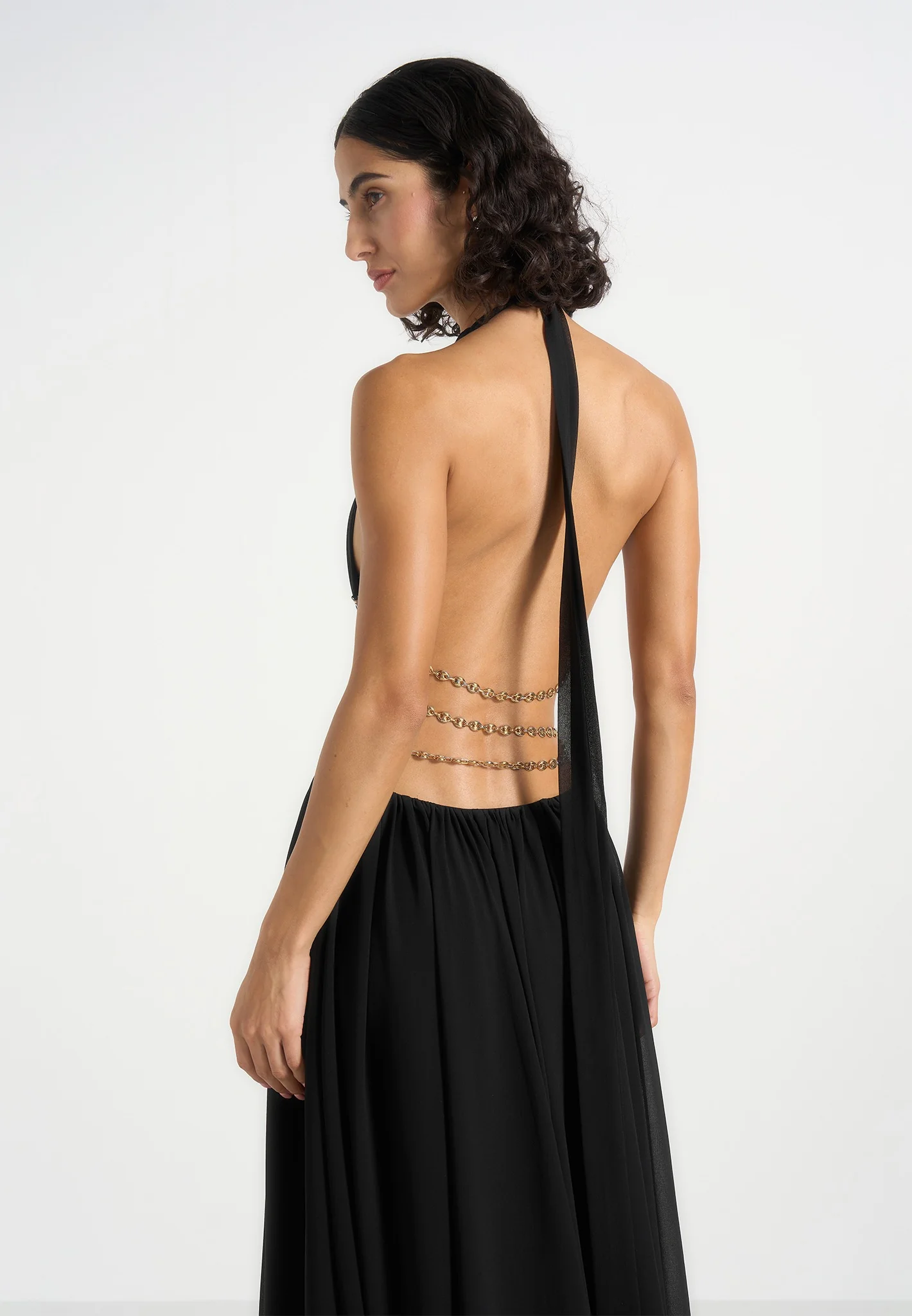 June - Chain Belt Cut-Out Georgette Halter Maxi Dress - Black - Image 4