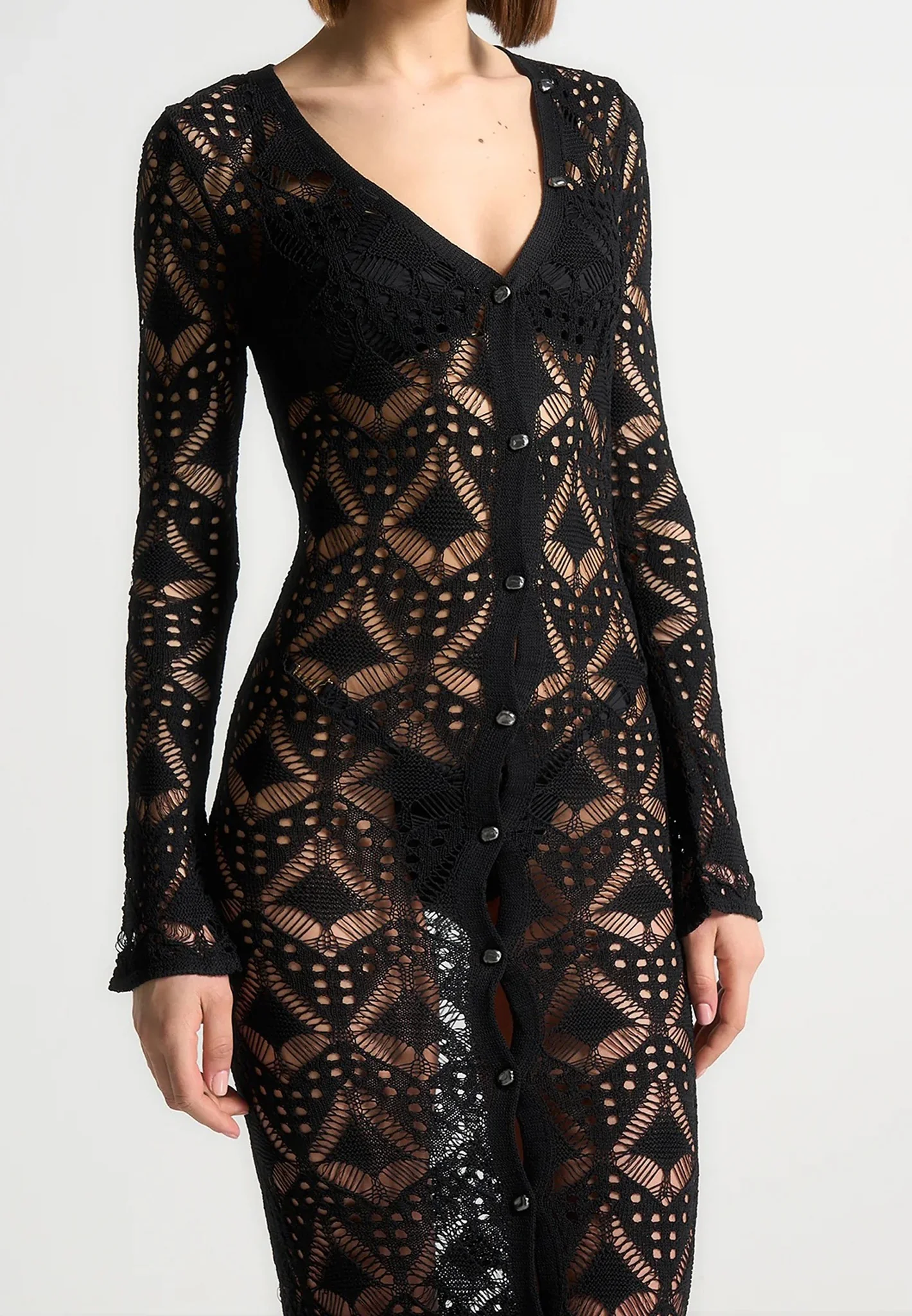 Knit Longline Cover Up Cardigan - Black - Image 2