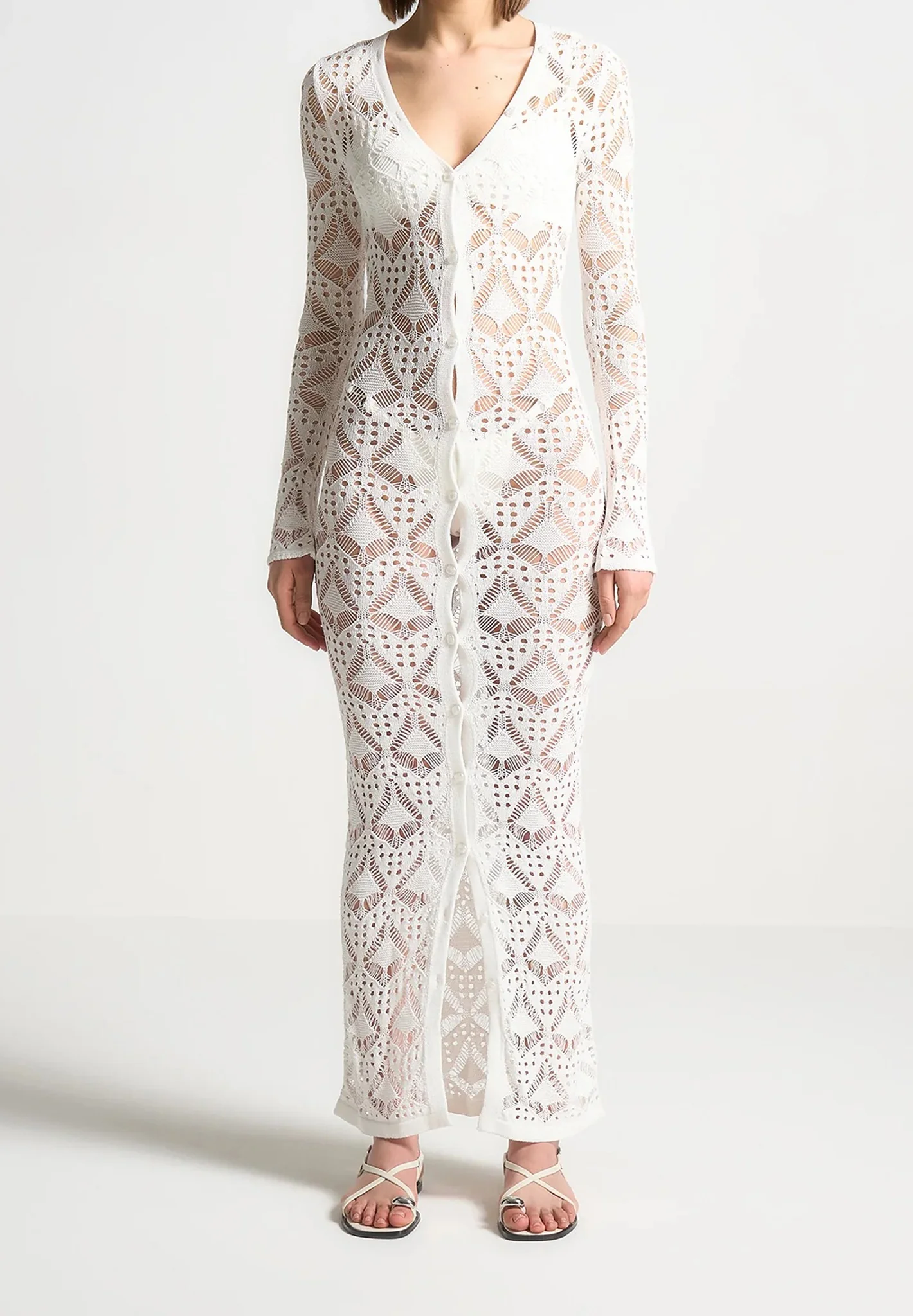 Knit Longline Cover Up Cardigan - Off White - Image 4