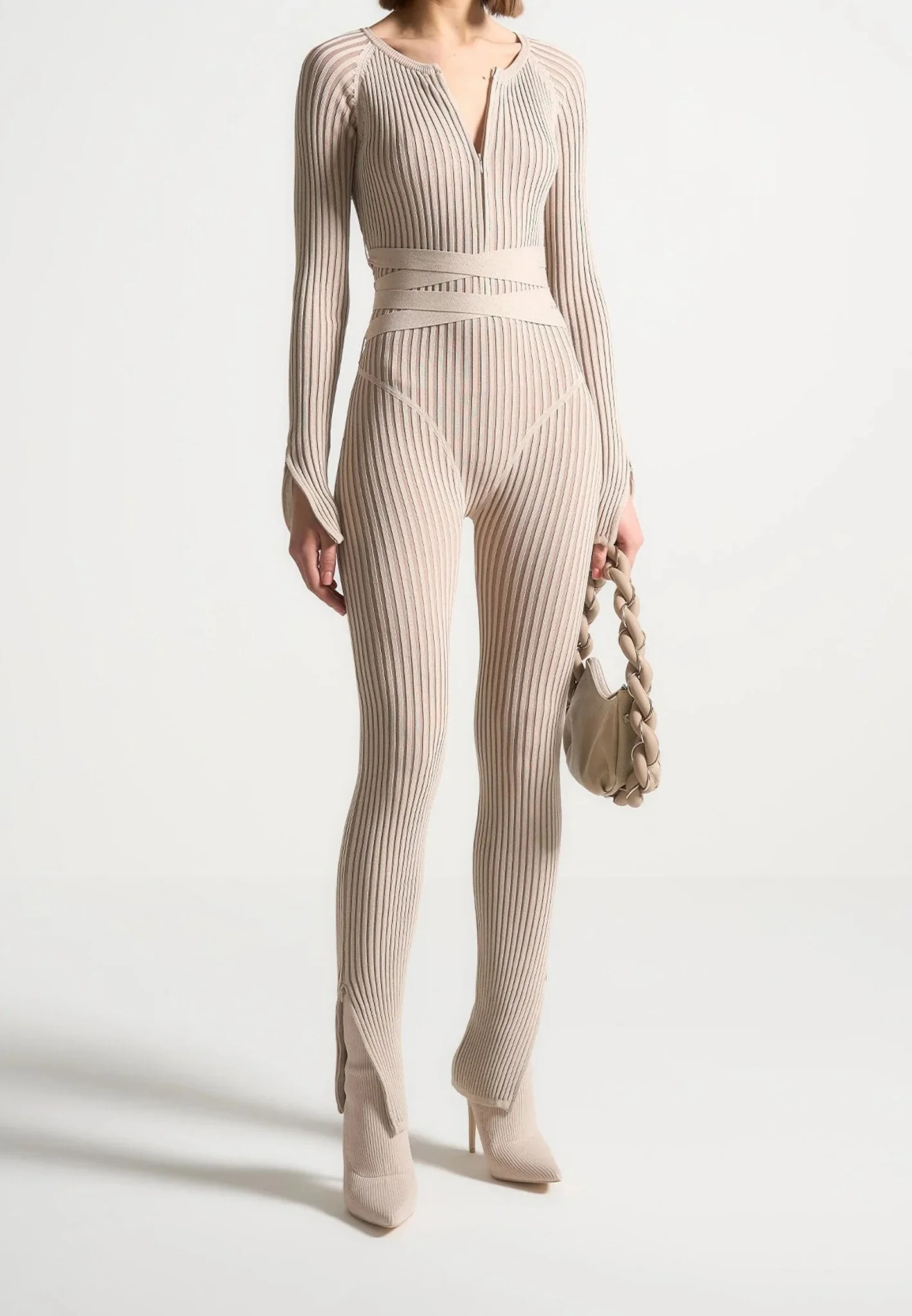Knitted Two Tone Jumpsuit with Belt - Beige/Taupe