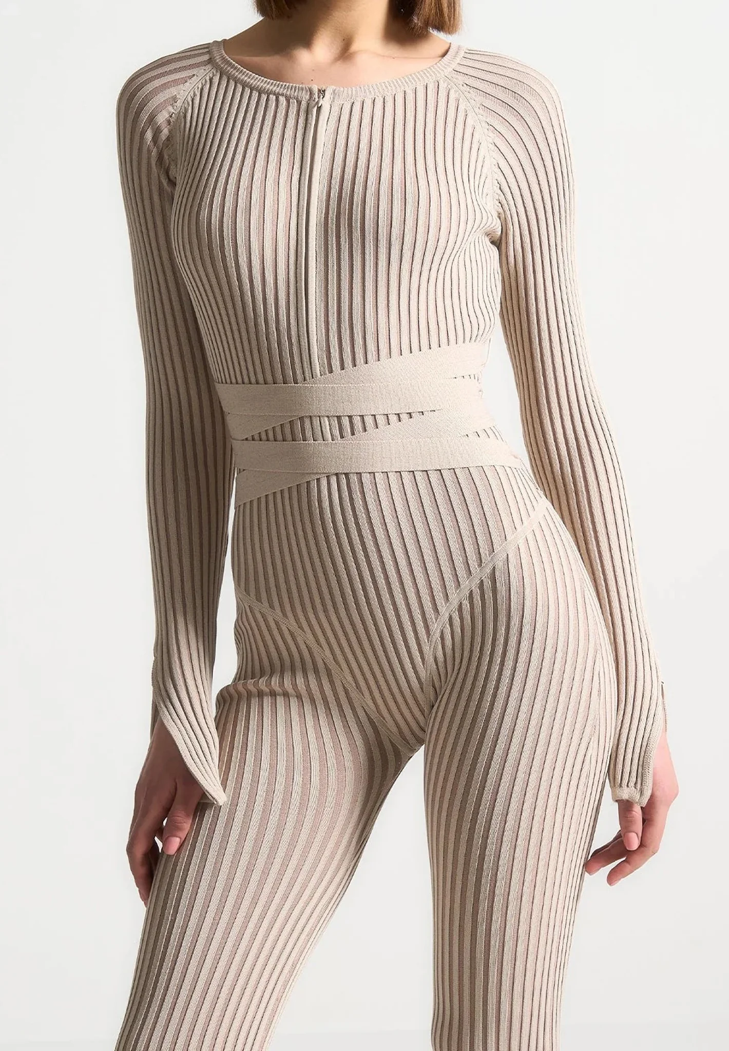 Knitted Two Tone Jumpsuit with Belt - Beige/Taupe - Image 2