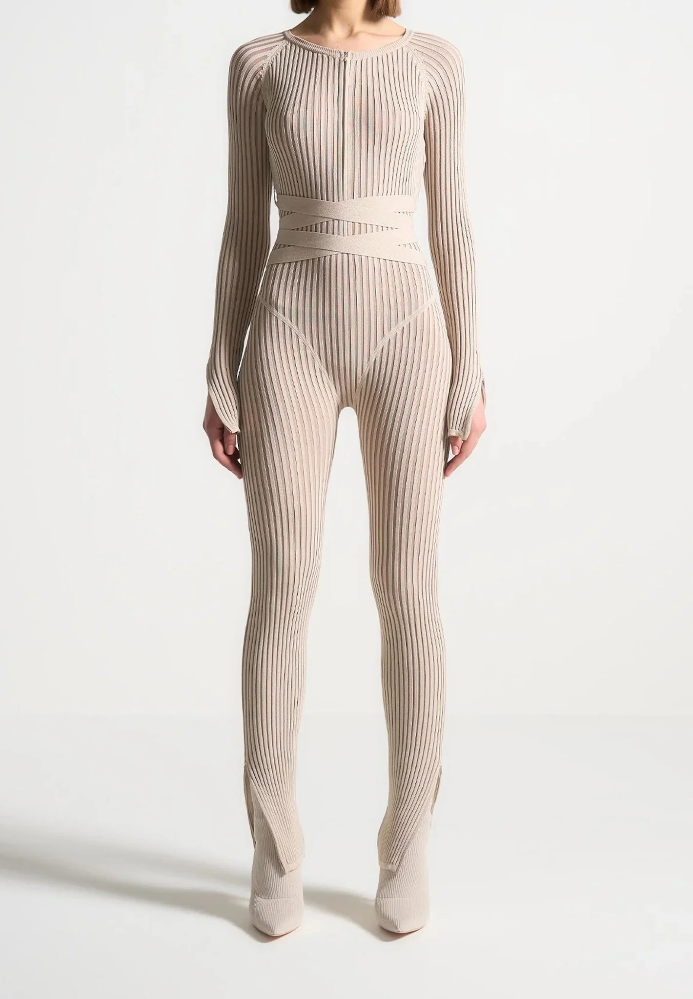 Knitted Two Tone Jumpsuit with Belt - Beige/Taupe - Image 3
