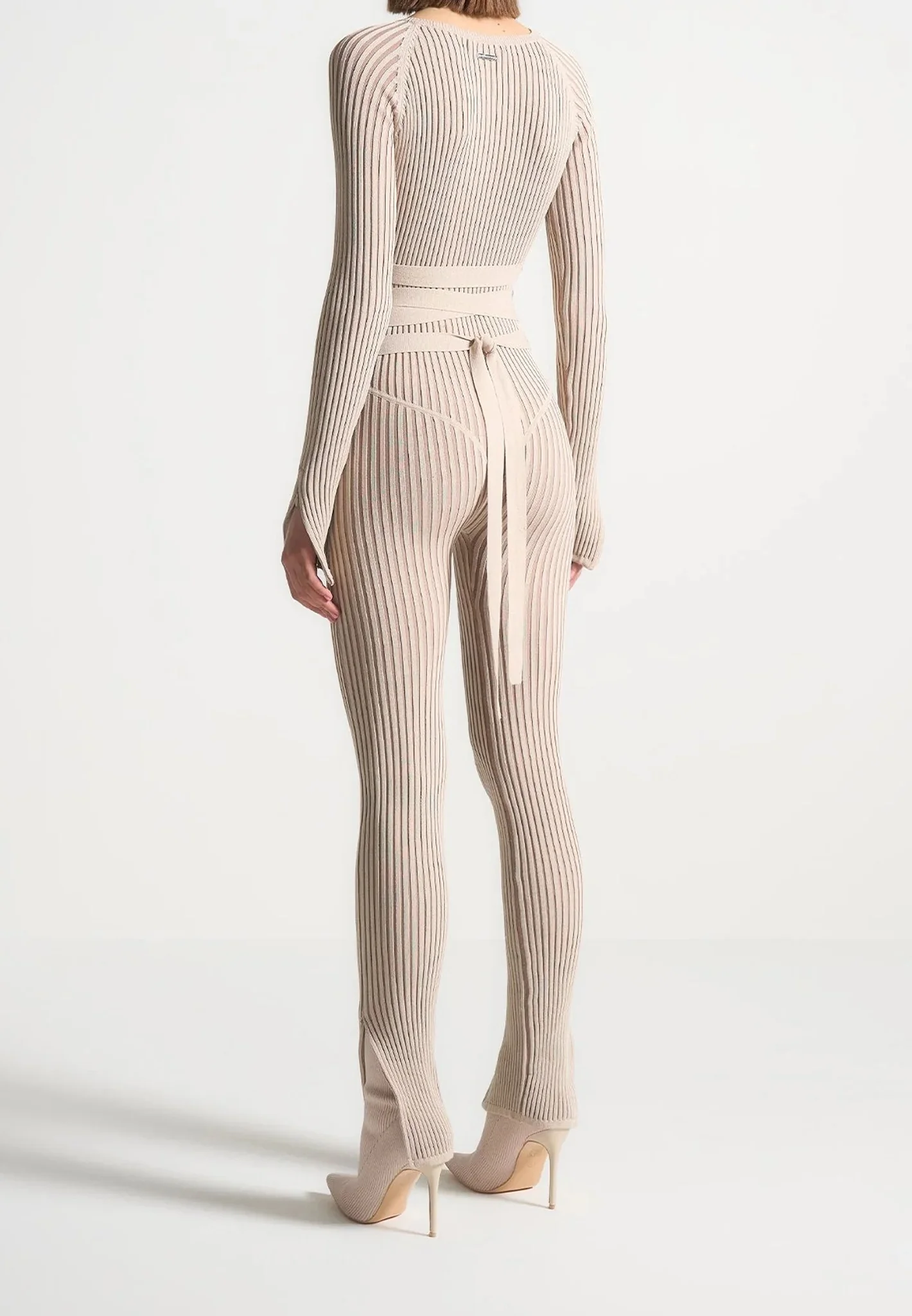 Knitted Two Tone Jumpsuit with Belt - Beige/Taupe - Image 4