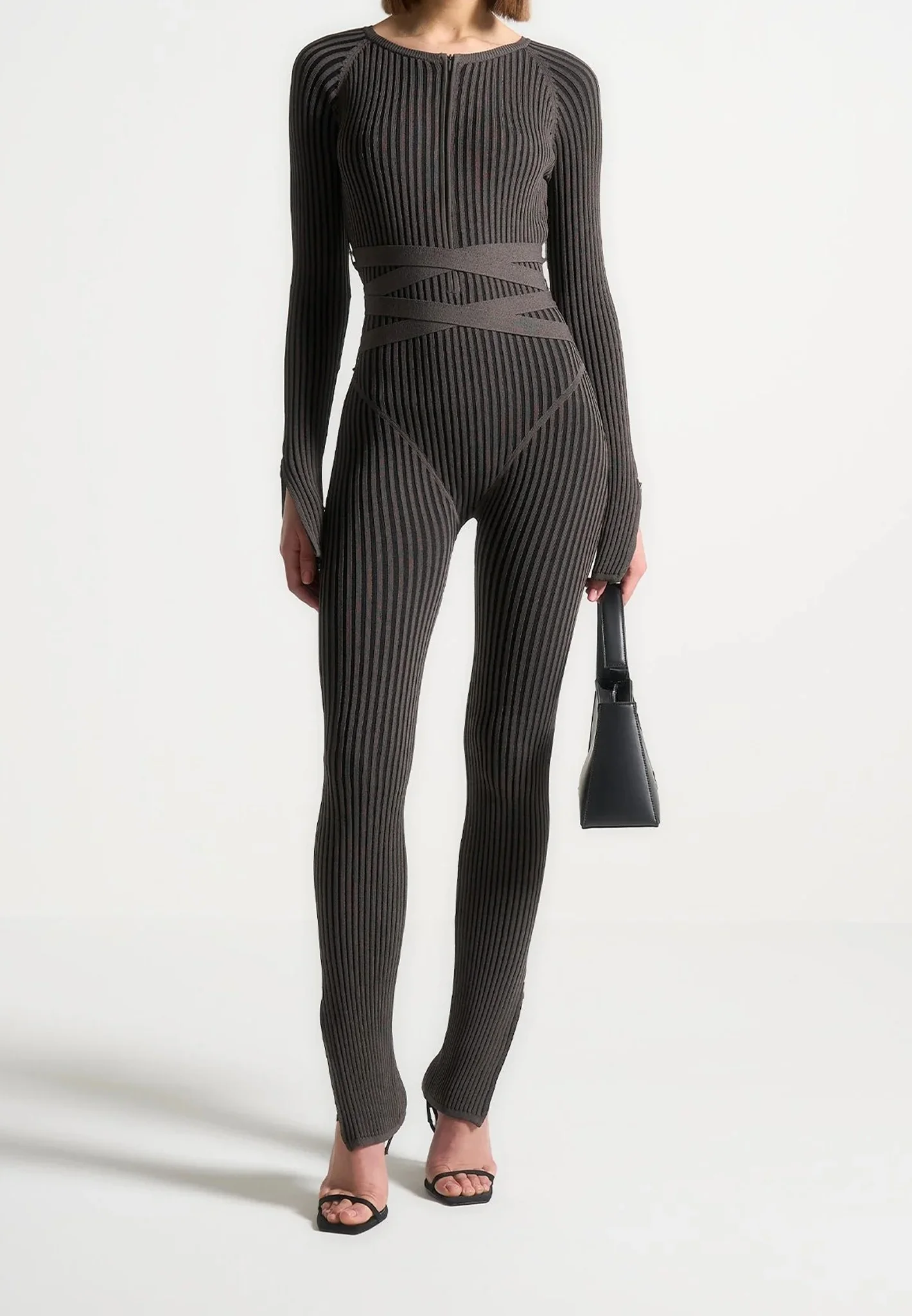Knitted Two Tone Jumpsuit with Belt - Grey/Black