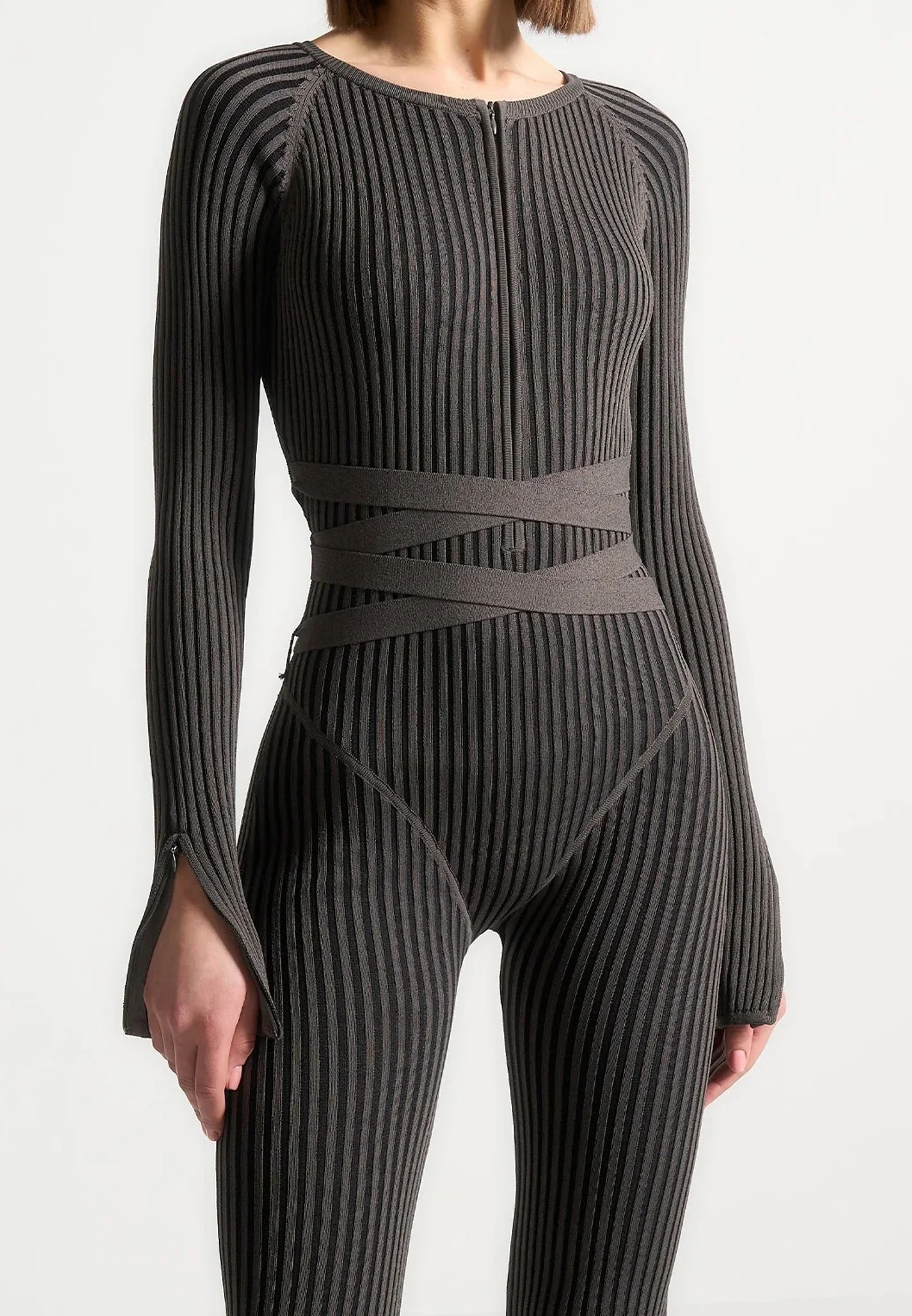 Knitted Two Tone Jumpsuit with Belt - Grey/Black - Image 2