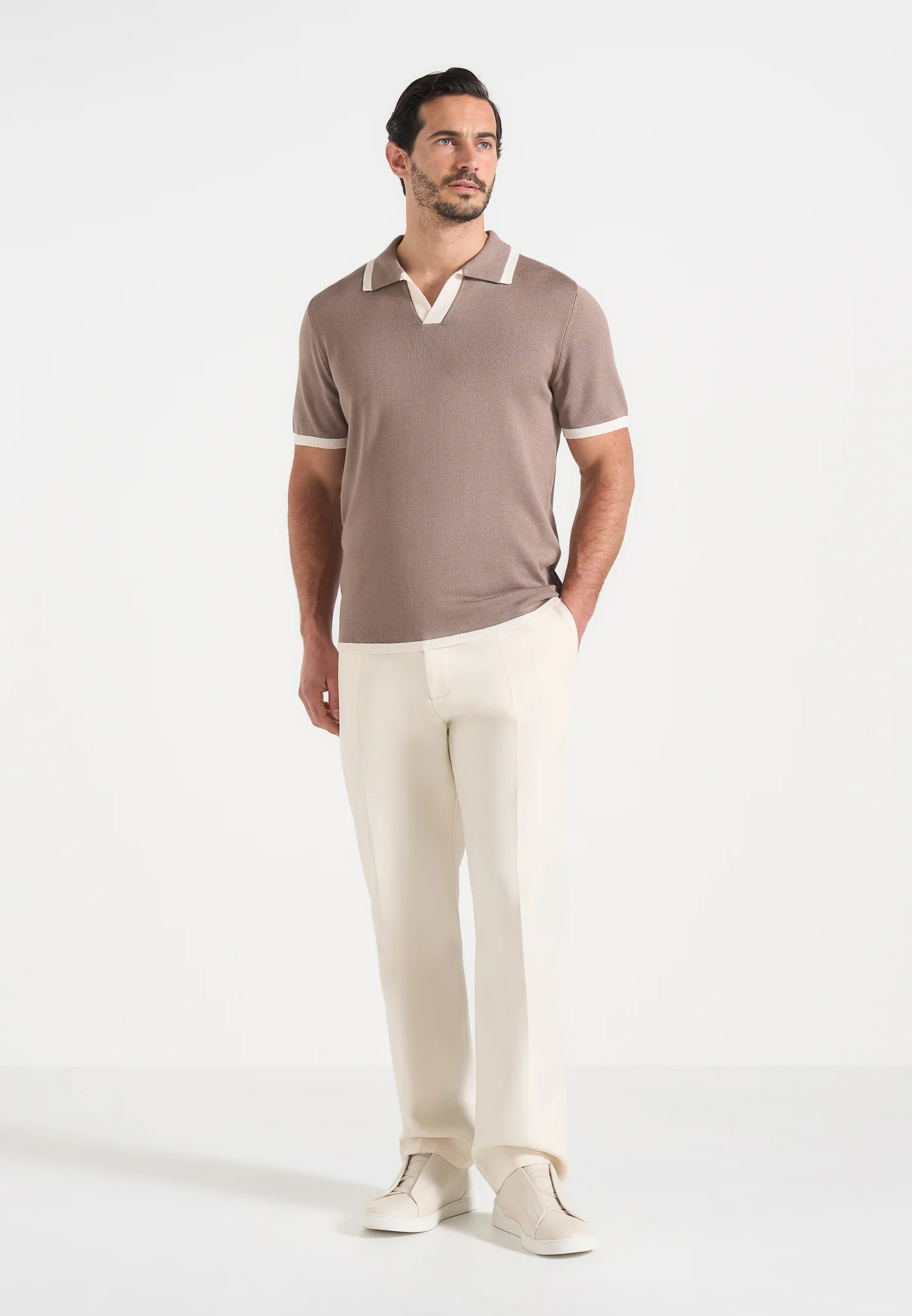 Lambert - Contrast Detail Knit Polo Shirt - Mushroom - Image 2
