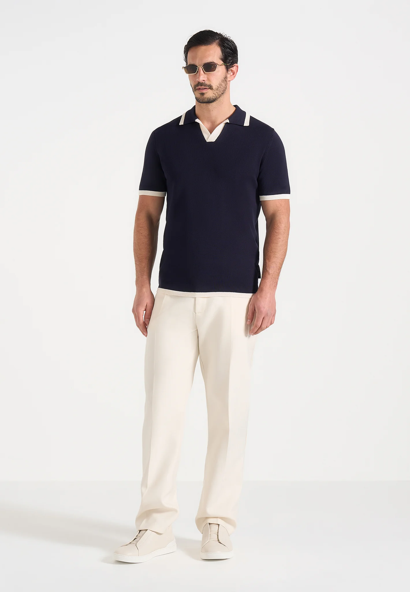 Lambert - Contrast Detail Knit Polo Shirt - Navy - Image 2