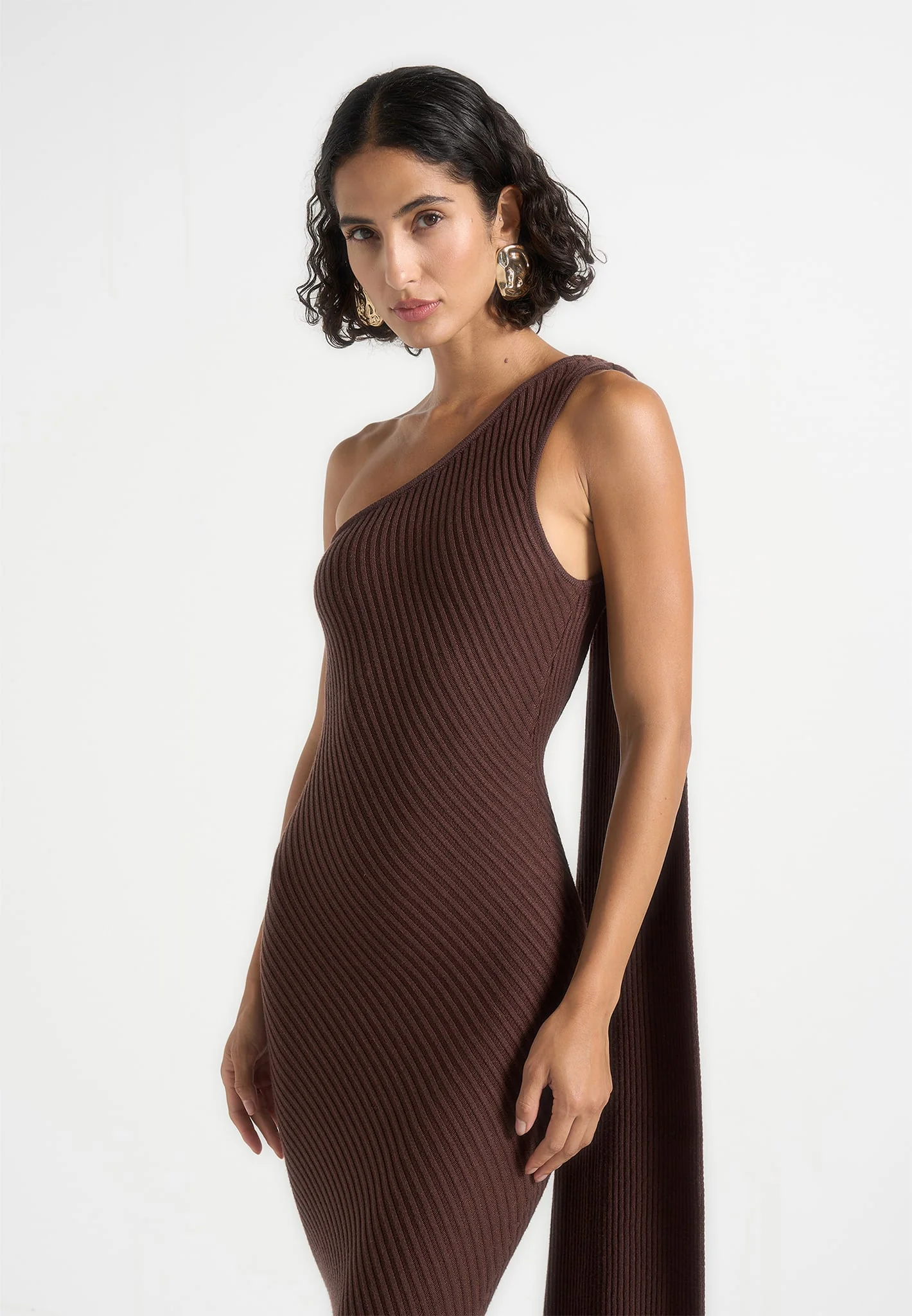 Laya - Asymmetric Knit Maxi Dress With Scarf - Brown - Image 4