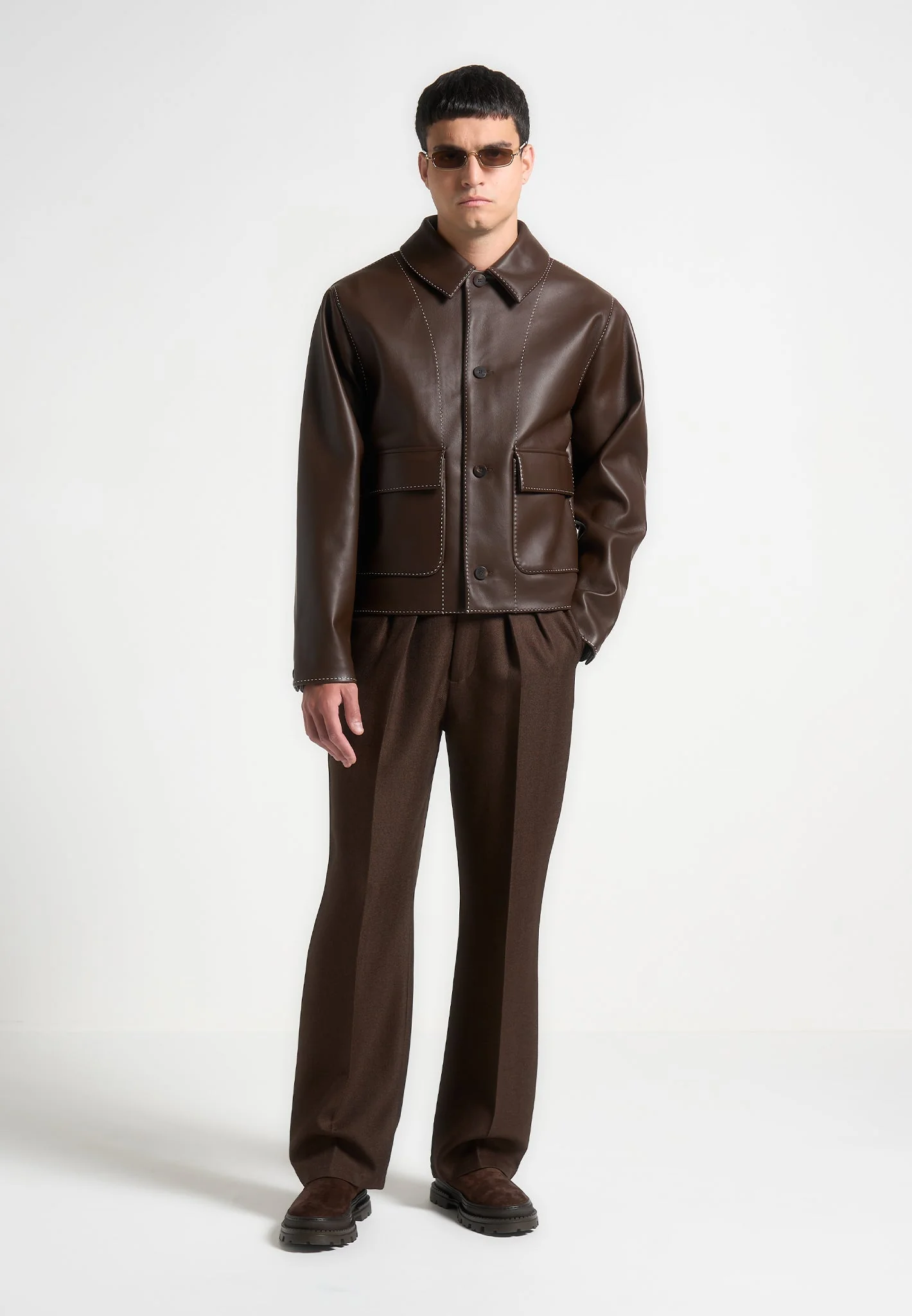 Leather Contrast Stitch Jacket - Brown - Image 2
