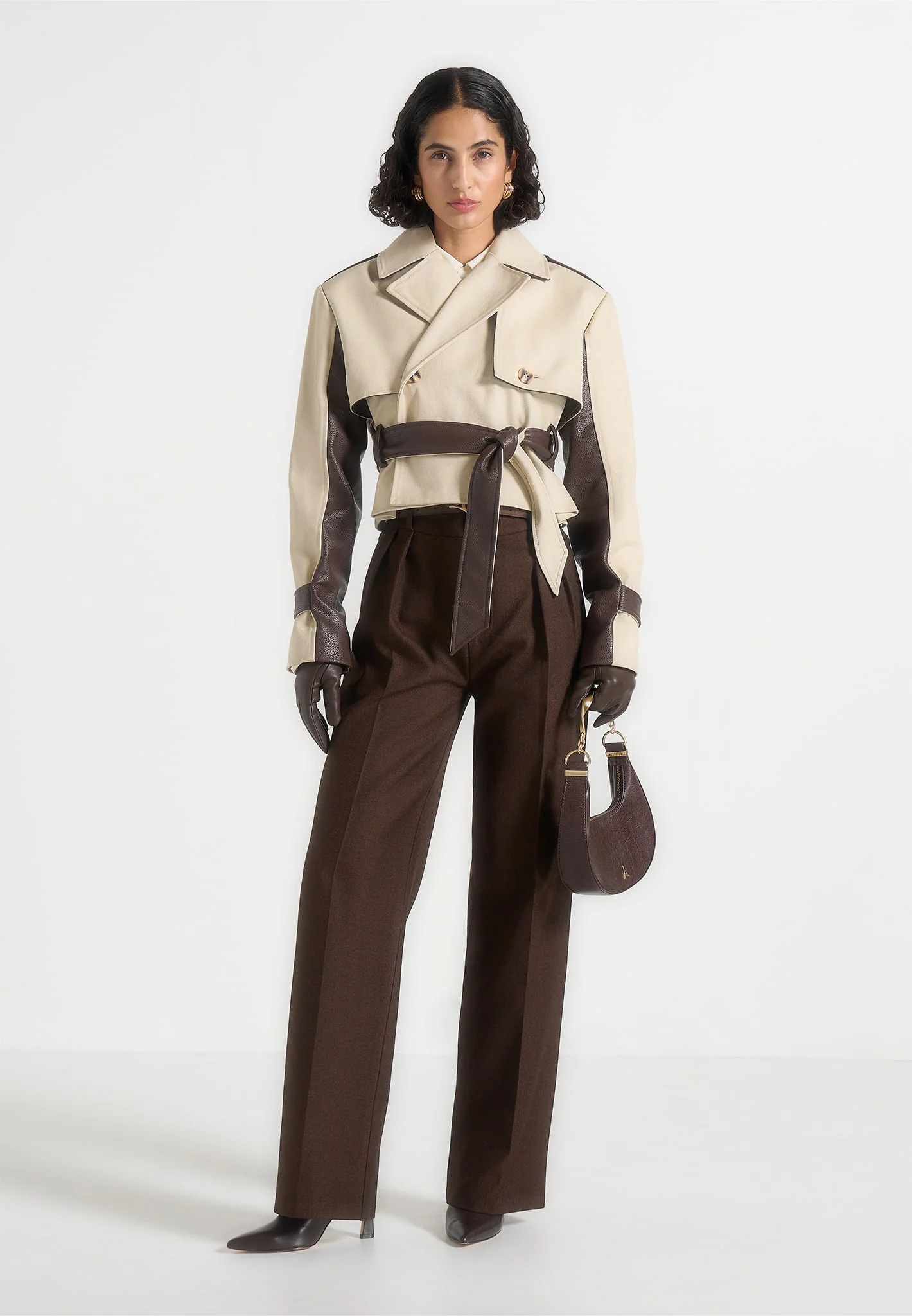 Lelia - Cropped Gabardine Trench Coat With Belt - Beige/Brown - Image 2