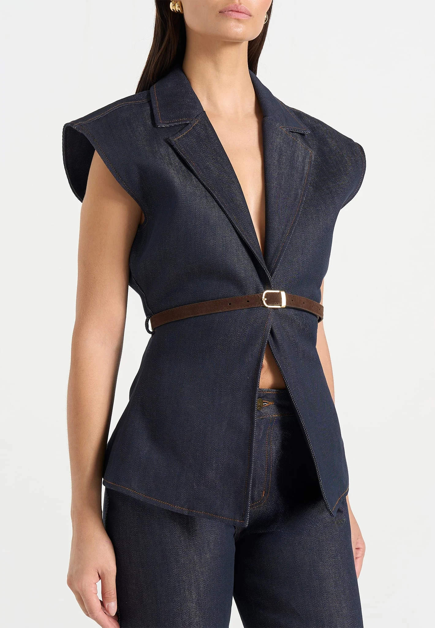 Linda - Wide Shoulder Cinched Denim Waistcoat - Indigo - Image 3