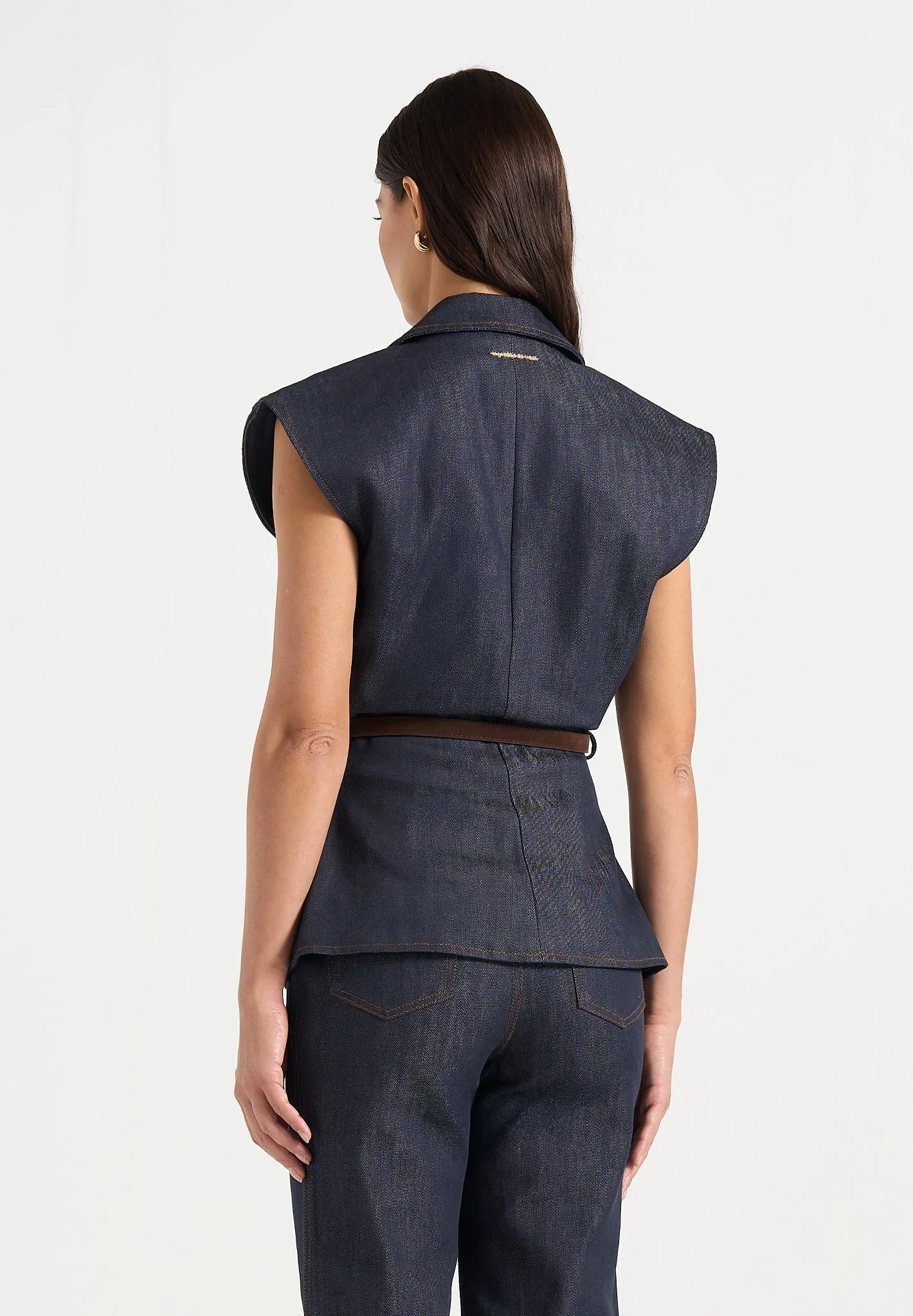 Linda - Wide Shoulder Cinched Denim Waistcoat - Indigo - Image 4