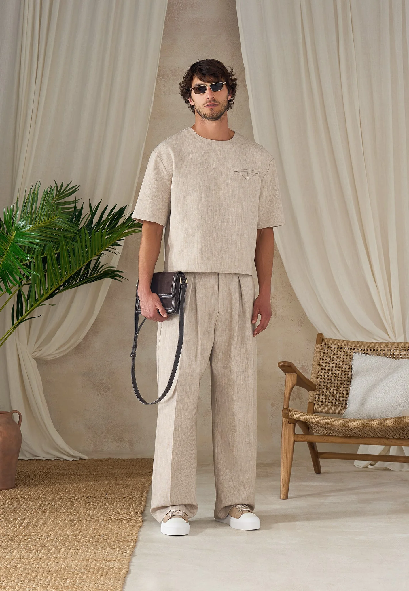 Lior - Box Pleat Wide Leg Trousers - Beige - Image 8