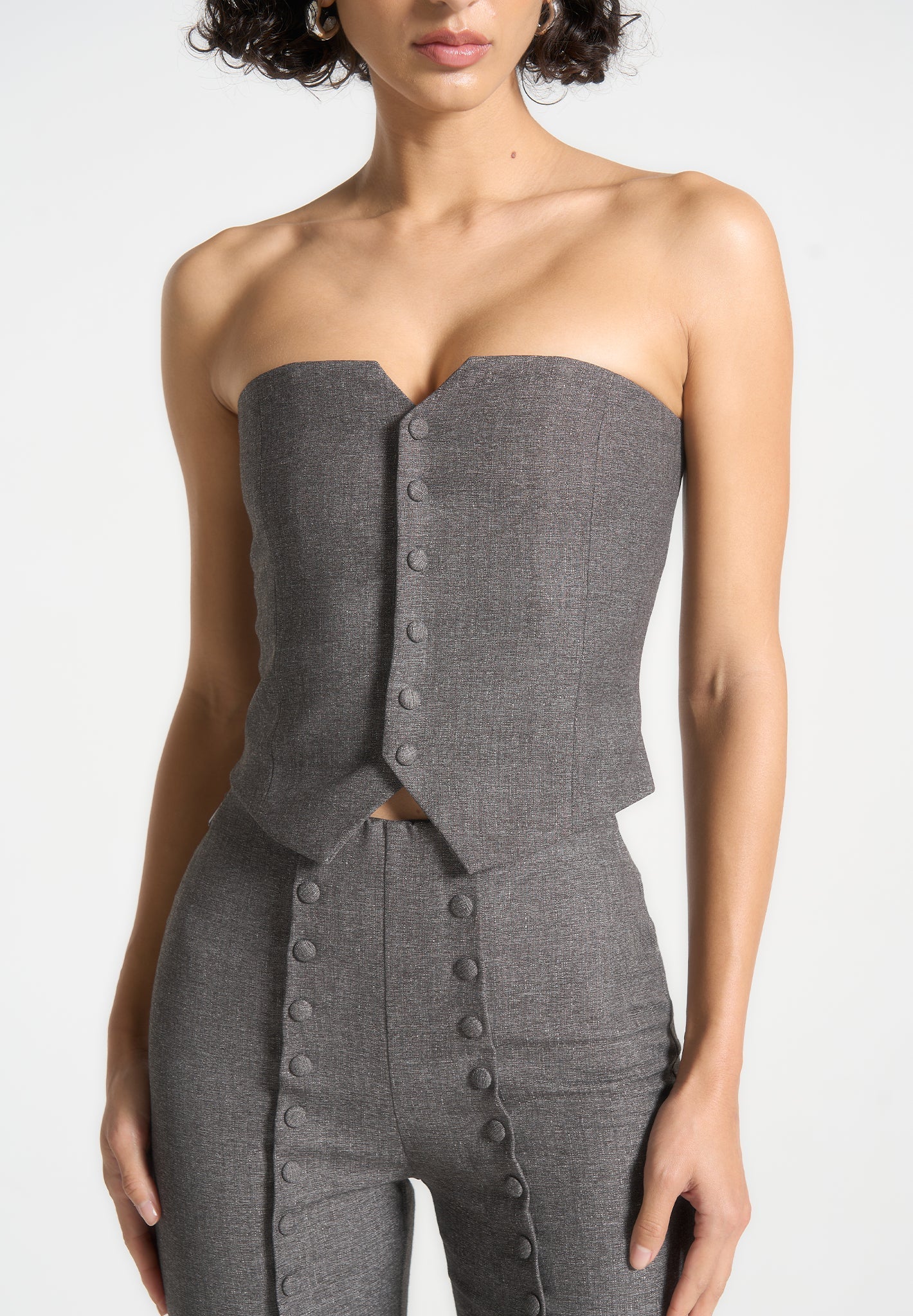 Lise - Cropped Tailored Blazer & Button Detail Bandeau - Dark Grey - Image 2