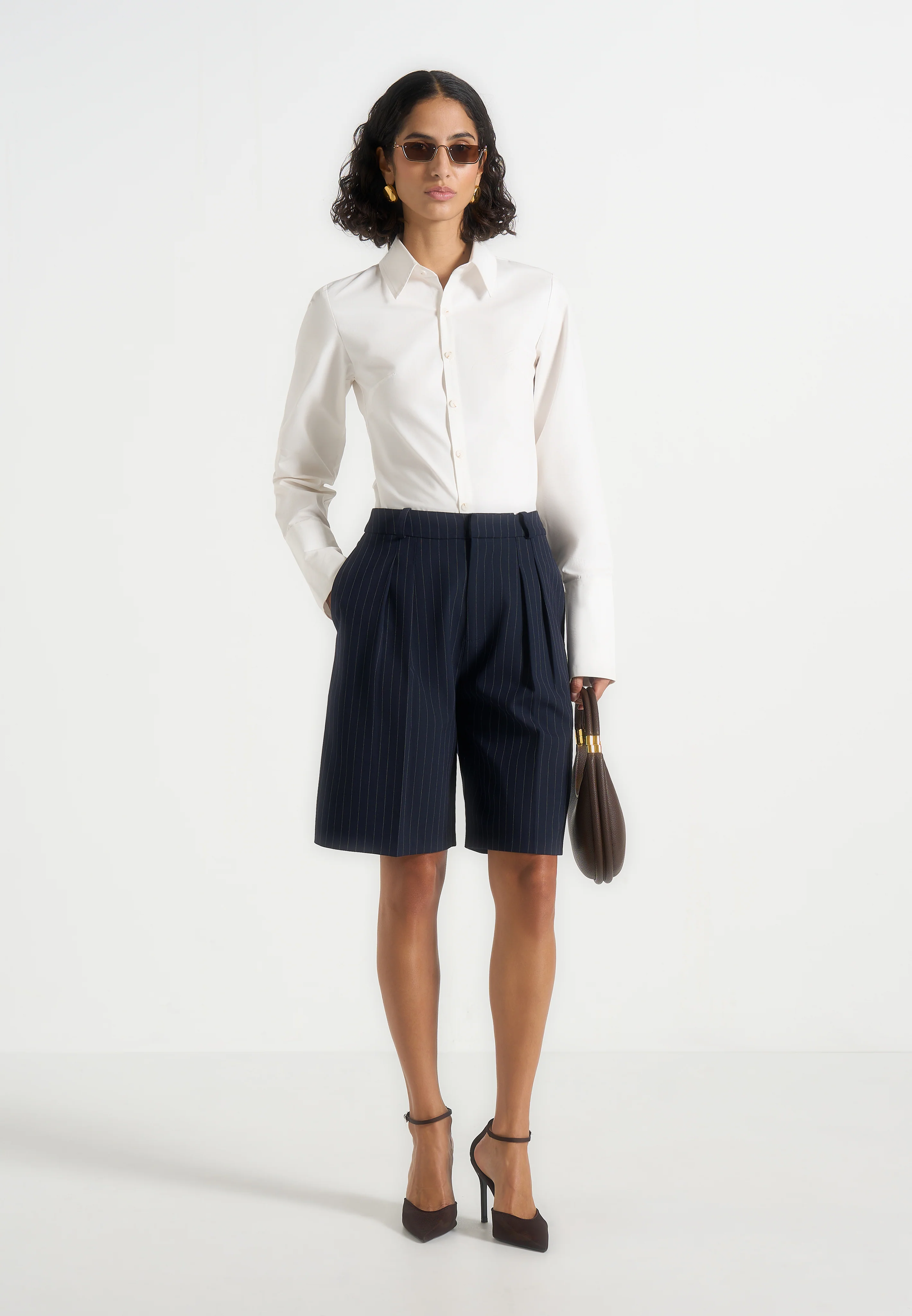 Lorette - Pinstripe Double Pleat Tailored Shorts - Navy - Image 3