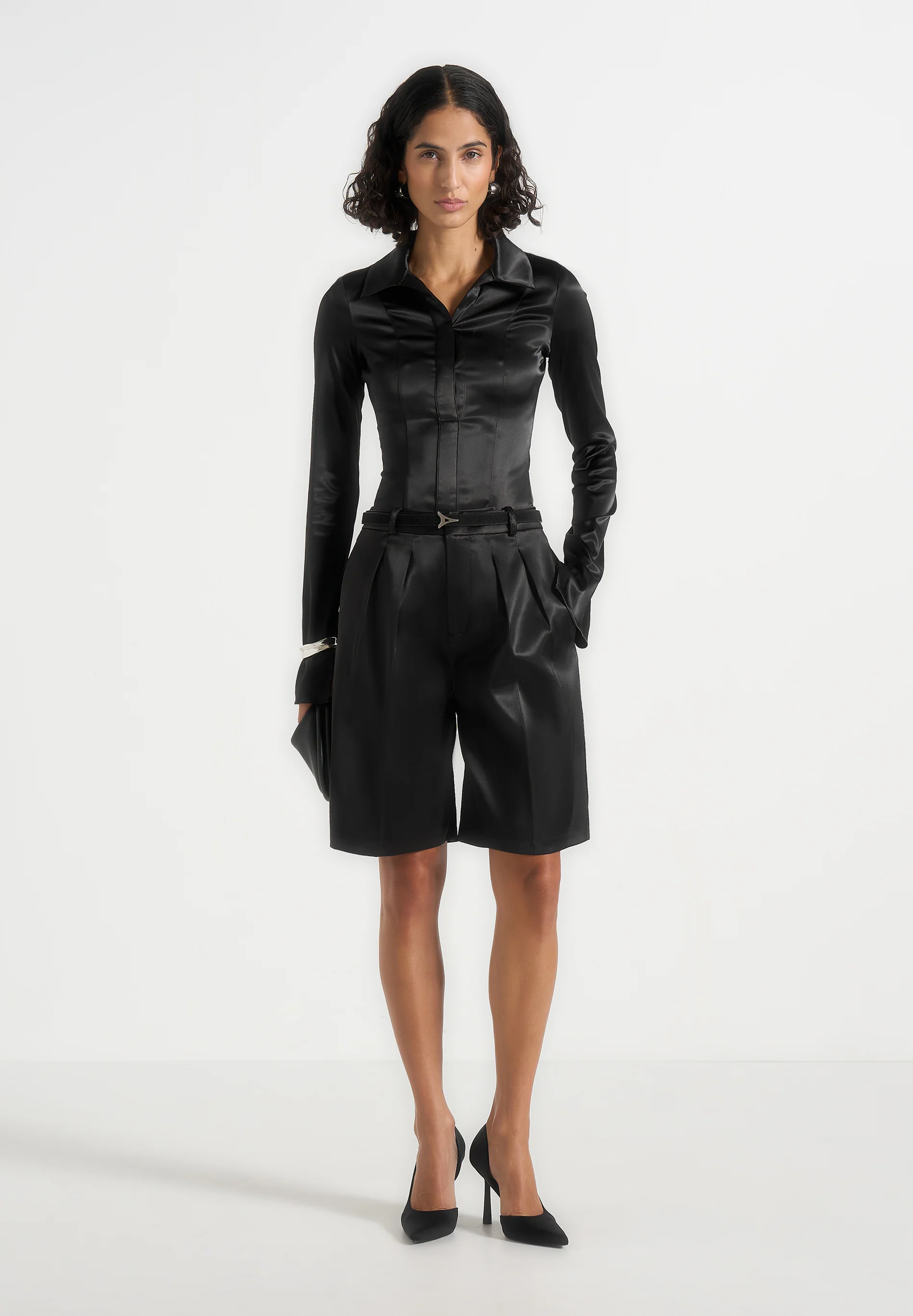 Lorette - Satin Double Pleat Shorts - Black