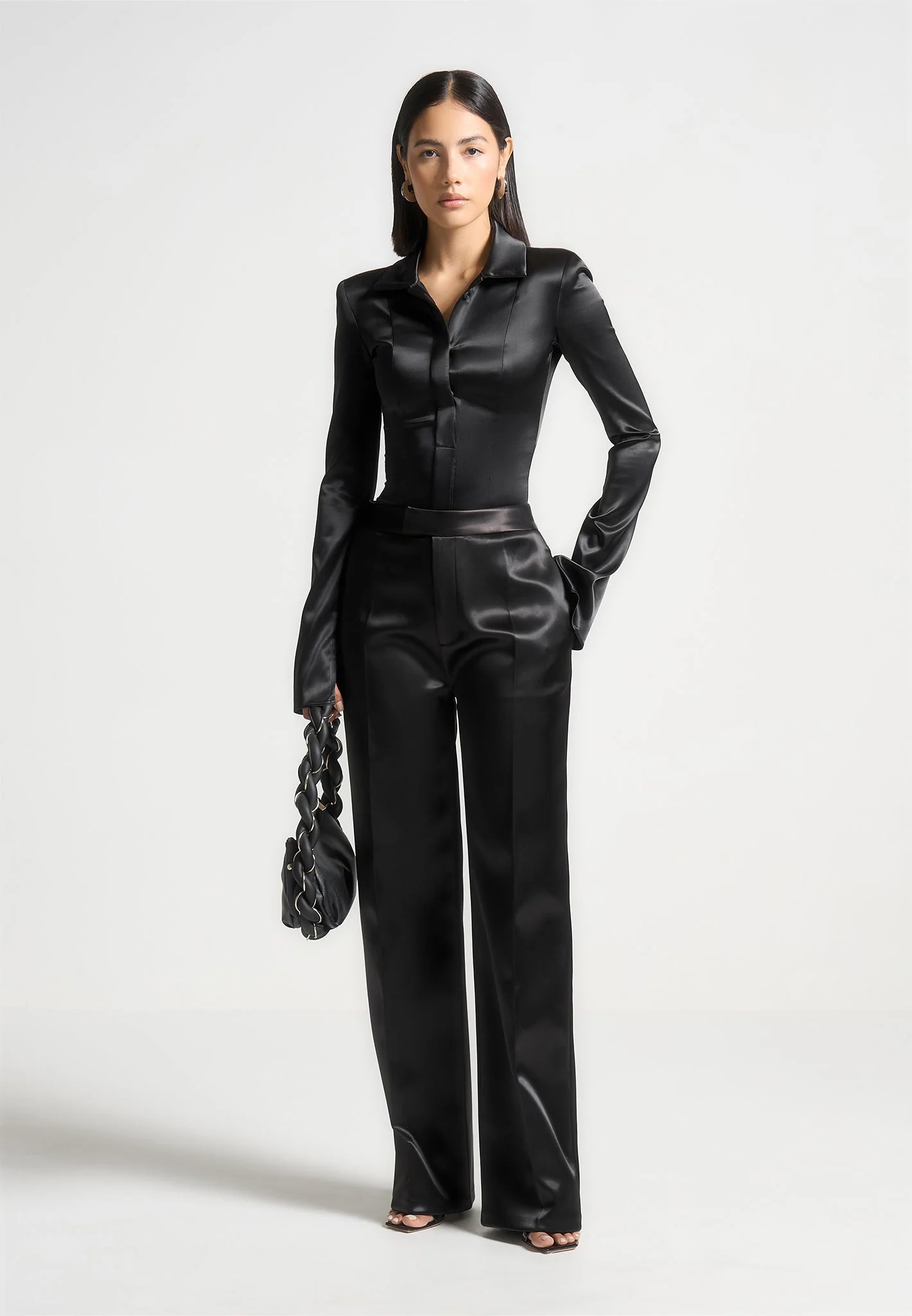 Louise - Wide Shoulder Satin Shirt Bodysuit - Black