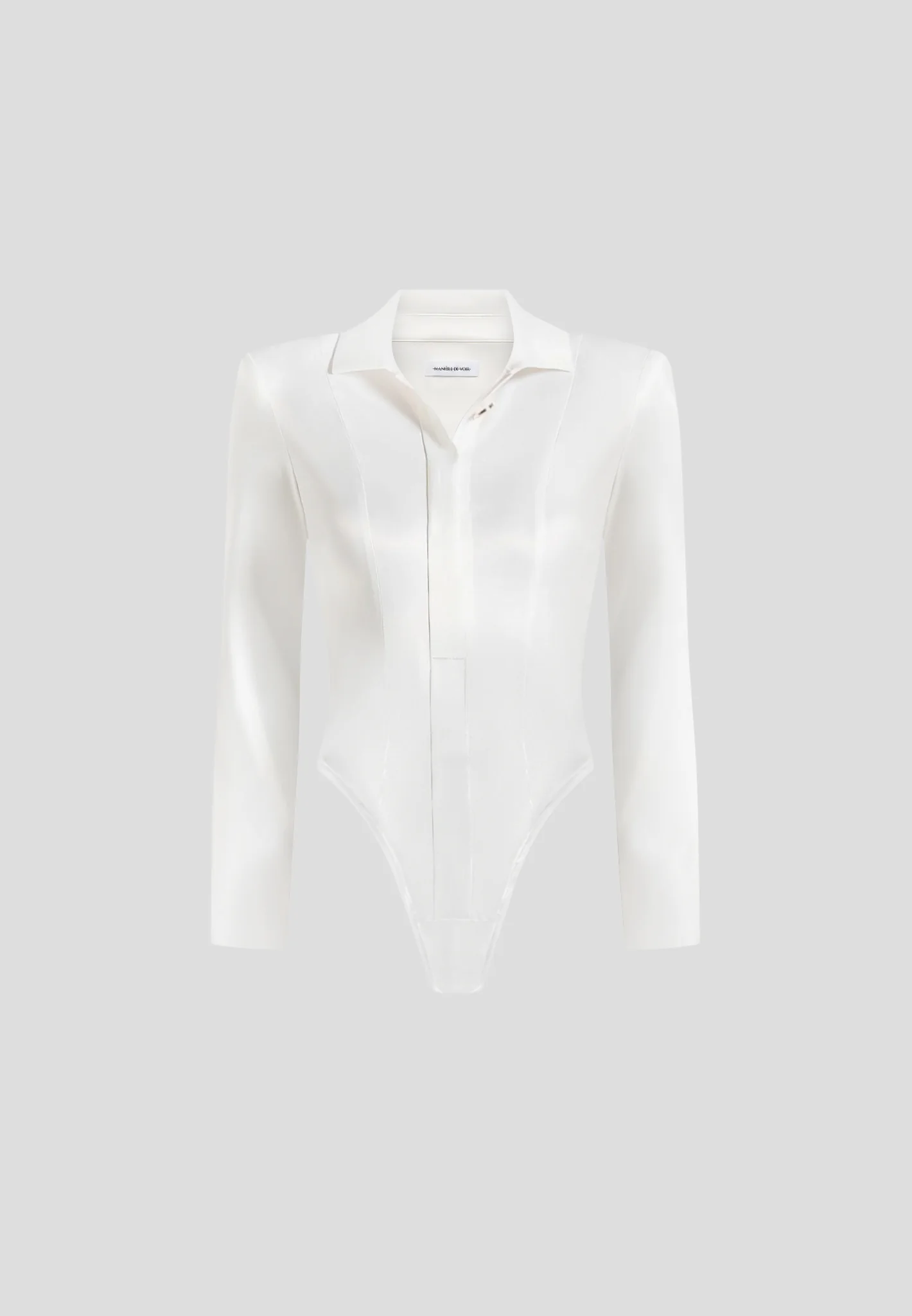 Louise - Wide Shoulder Satin Shirt Bodysuit - White - Image 6