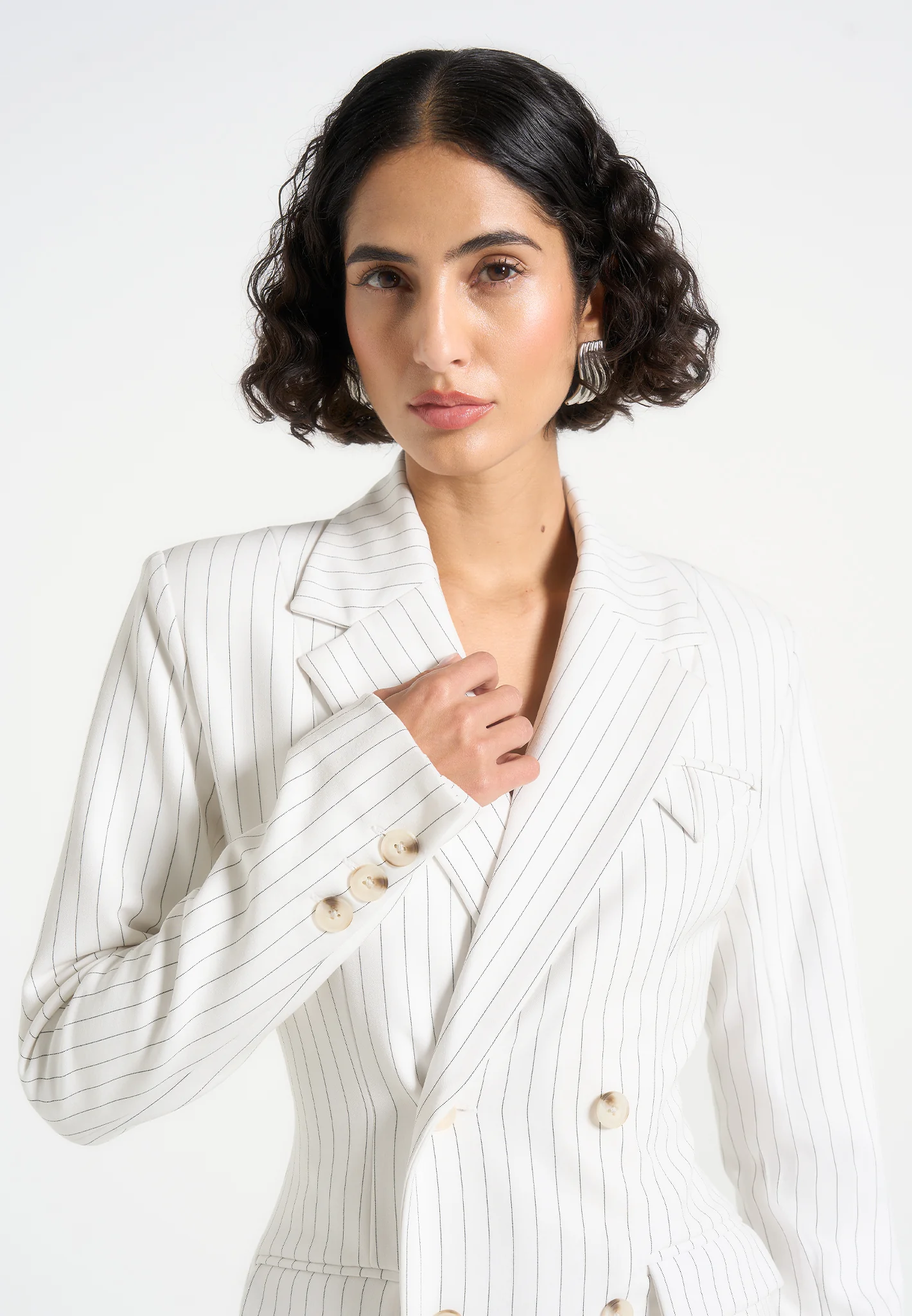 Maia - Pinstripe Double Breasted Blazer - White - Image 5