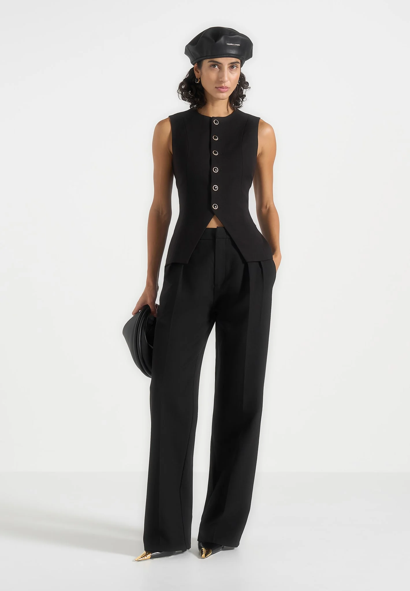 Maisie - Tailored Crew Neck Cinch Waistcoat - Black - Image 2