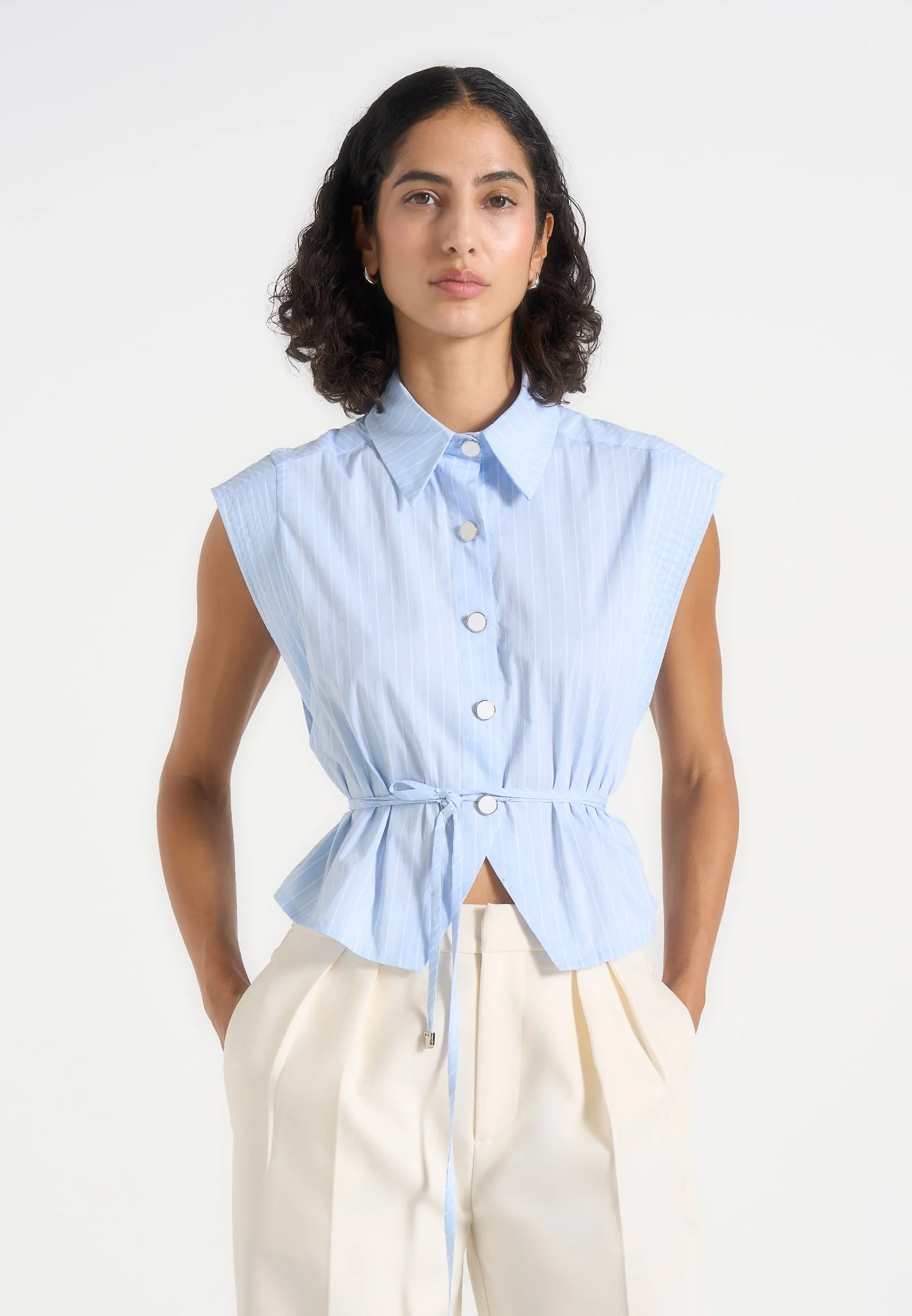 Malia - Sleeveless Tie Waist Cropped Shirt - Pale Blue - Image 3