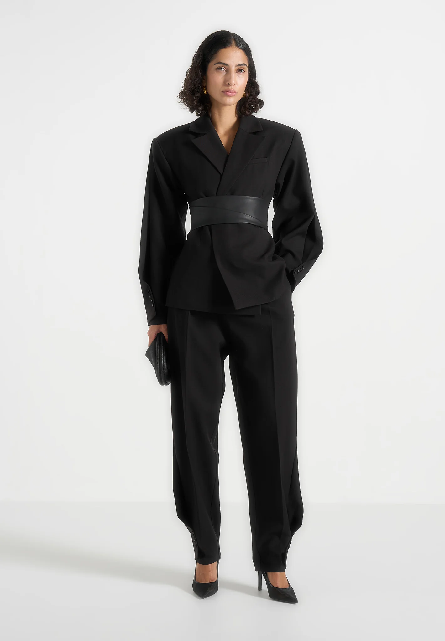 Marie - Twist Sleeve Blazer with Belt - Black