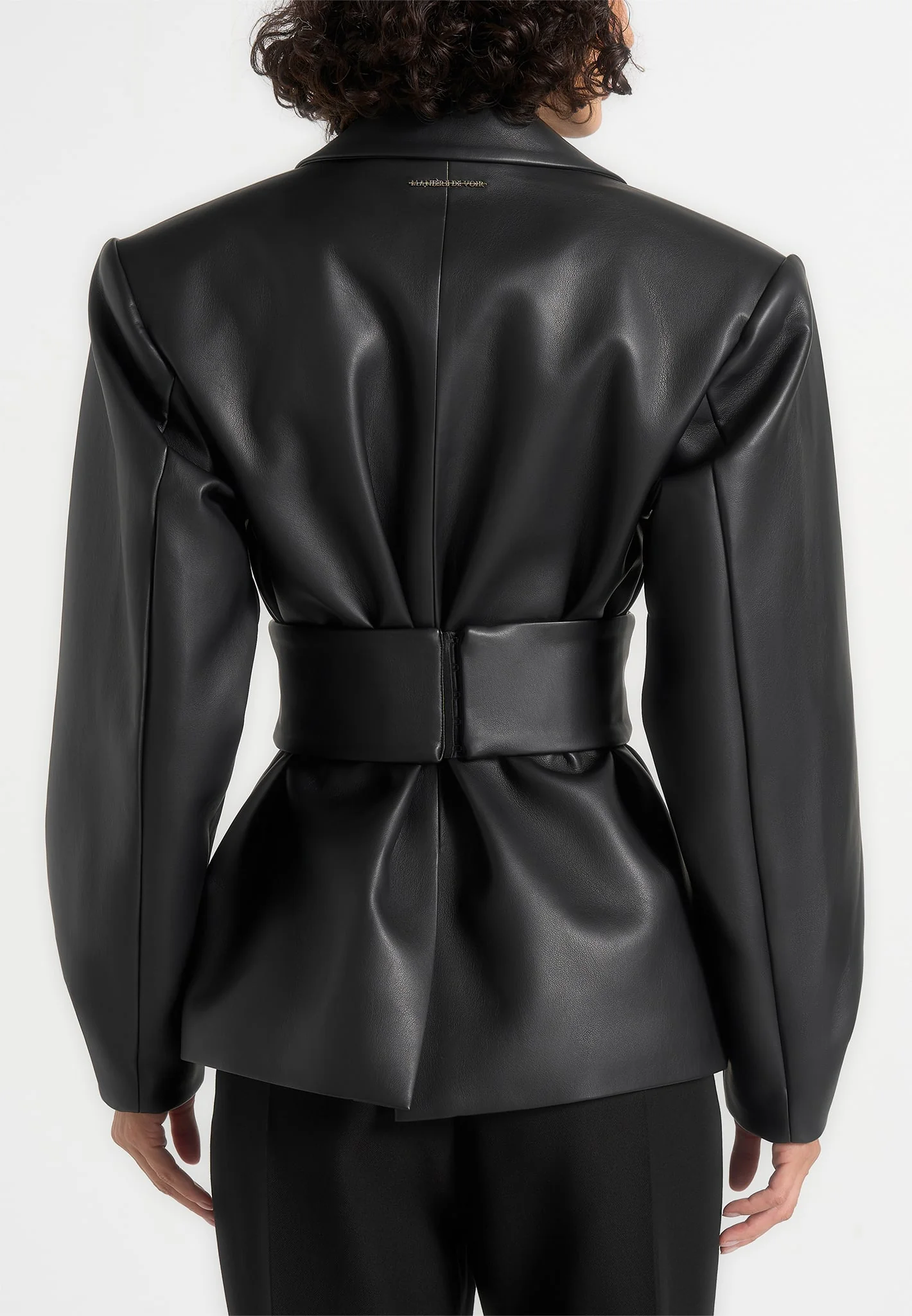 Marie - Twist Sleeve Leather Blazer with Belt - Black - Image 4