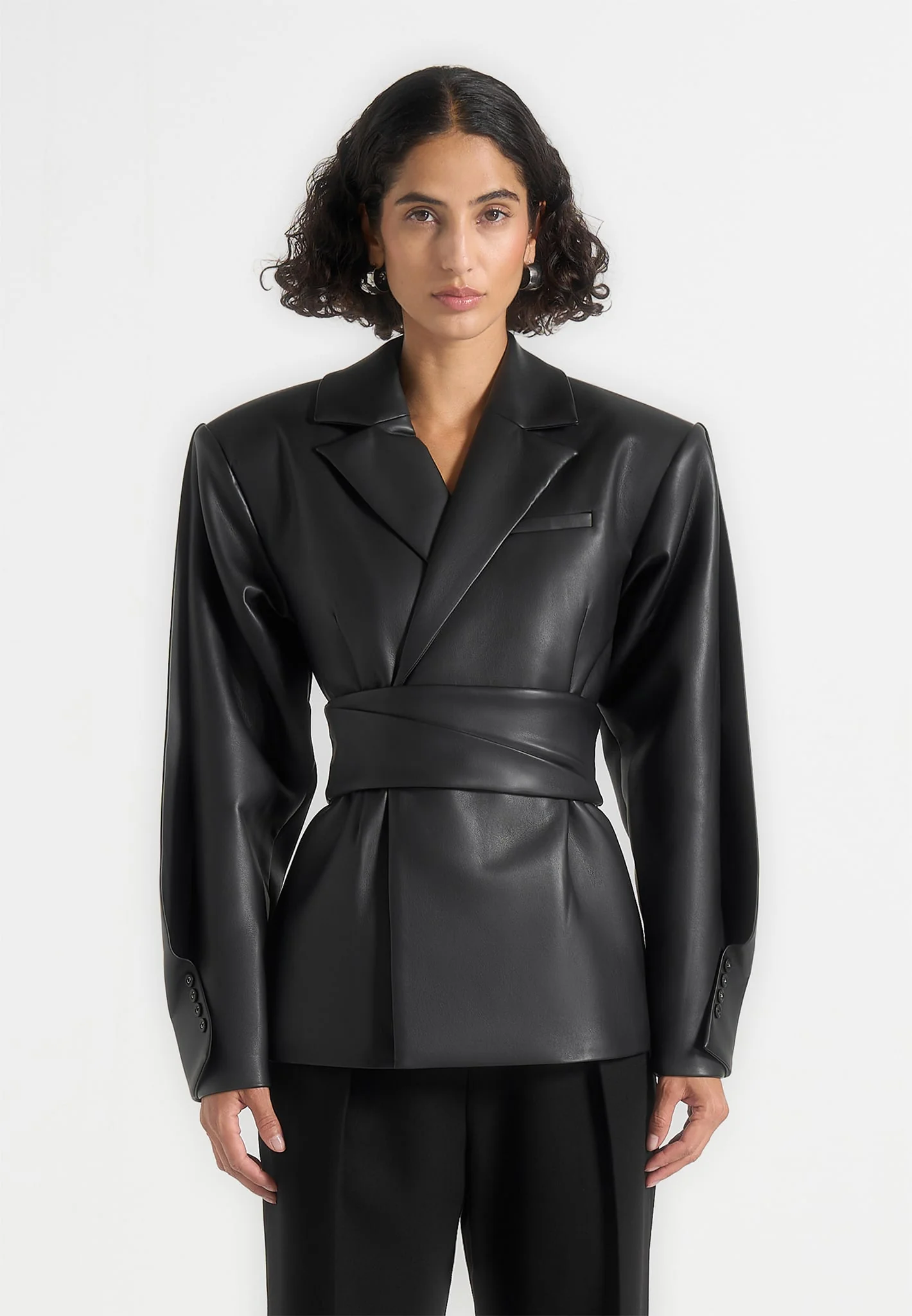 Marie - Twist Sleeve Leather Blazer with Belt - Black - Image 6