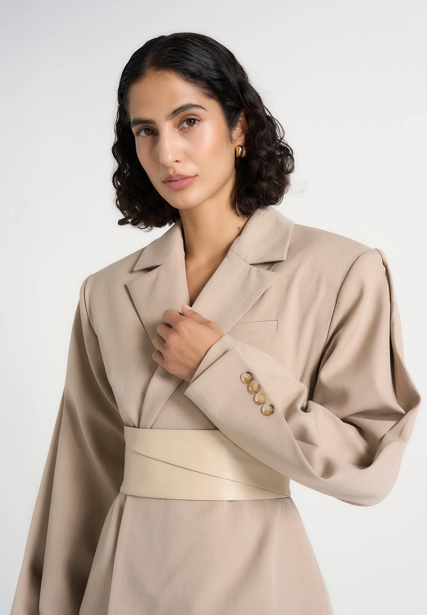 Marie - Twist Sleeve Tailored Blazer with Belt - Beige - Image 3