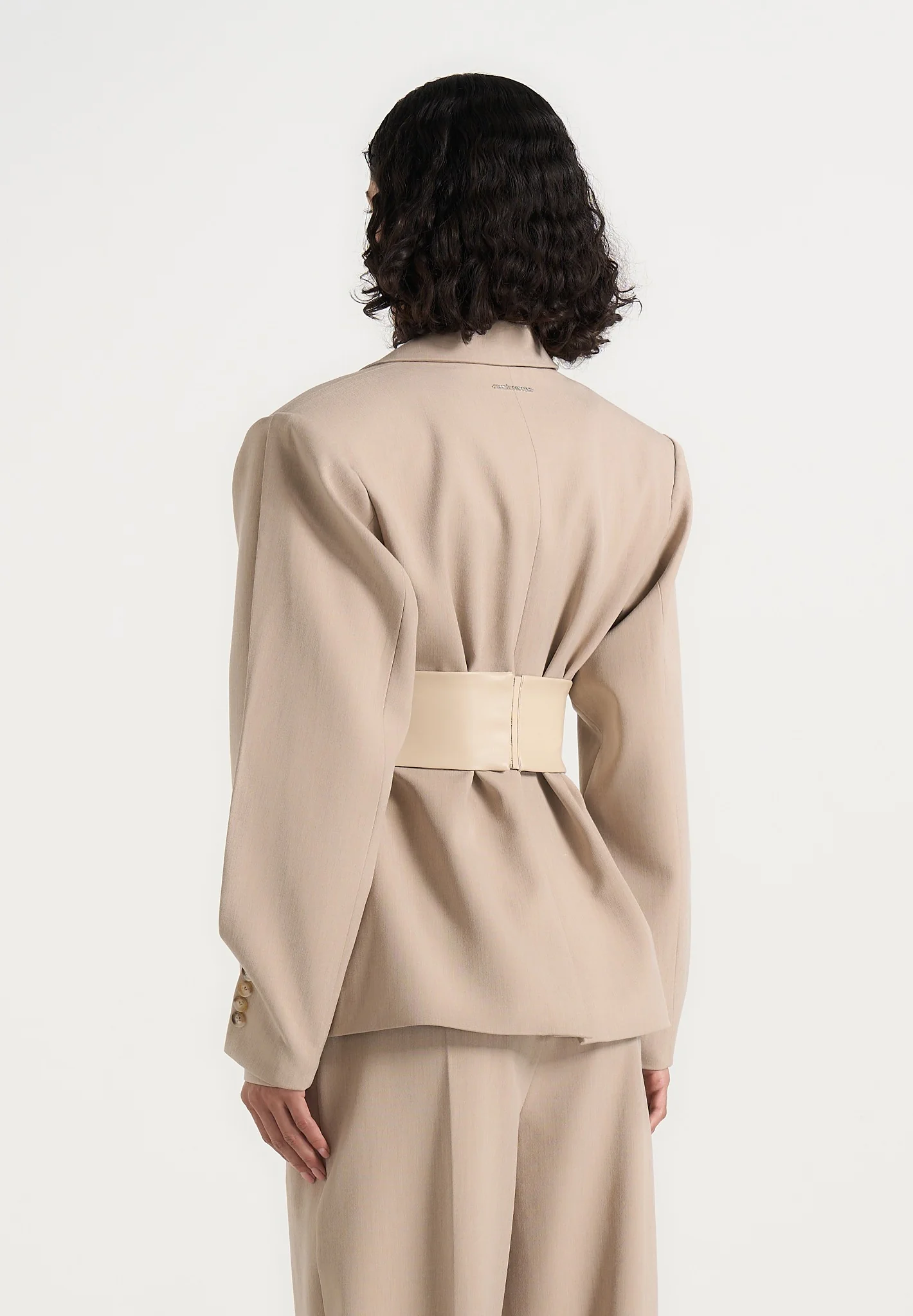 Marie - Twist Sleeve Tailored Blazer with Belt - Beige - Image 5