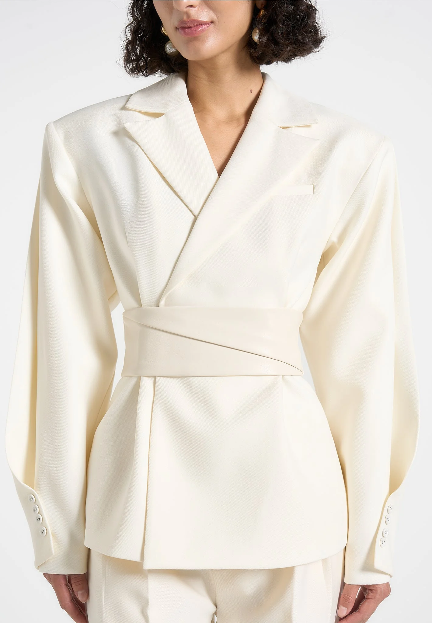 Marie - Twist Sleeve Tailored Blazer with Belt - Off White - Image 4