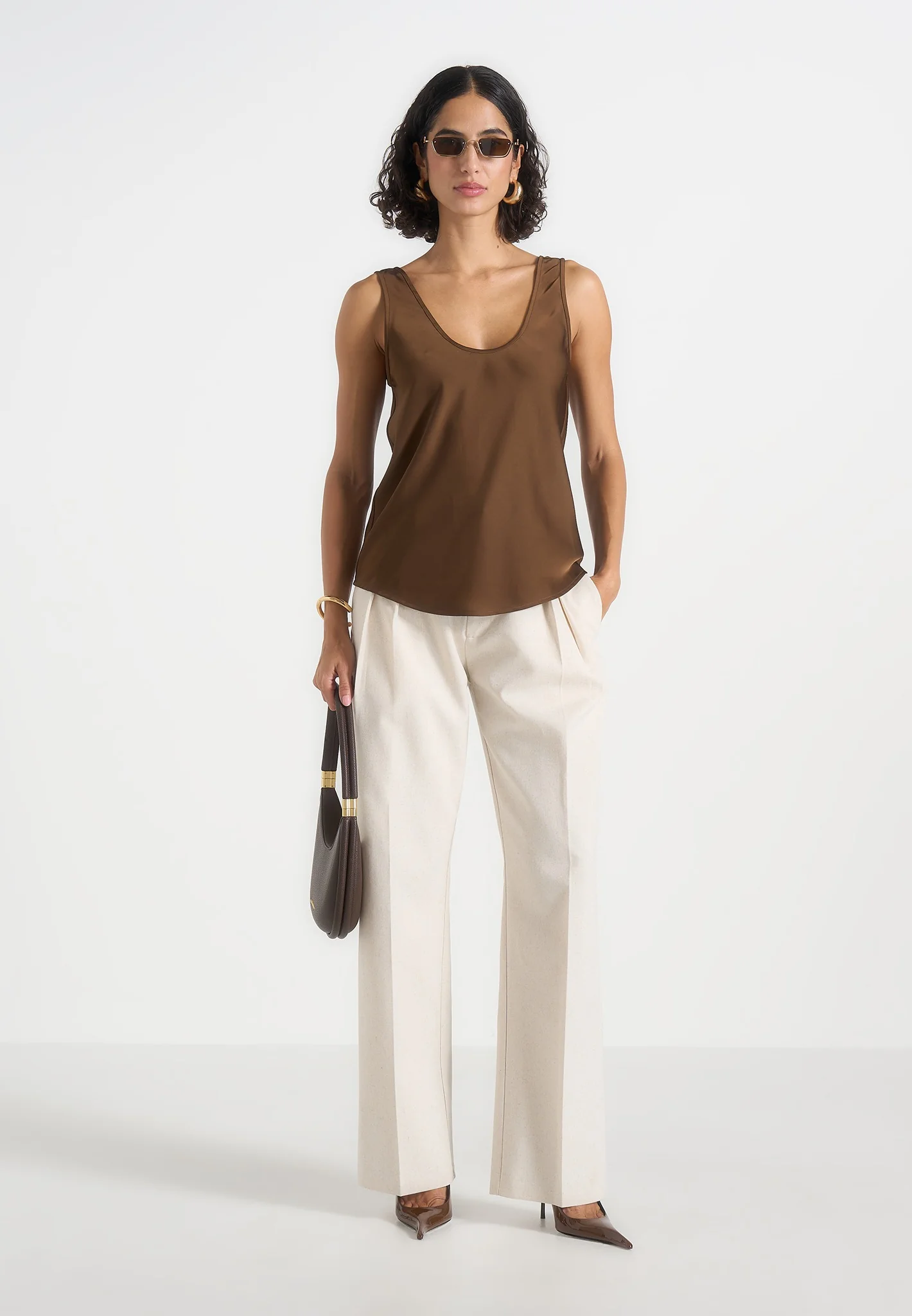 Mathilda - Satin Scoop Neck Open Back Vest - Brown - Image 3