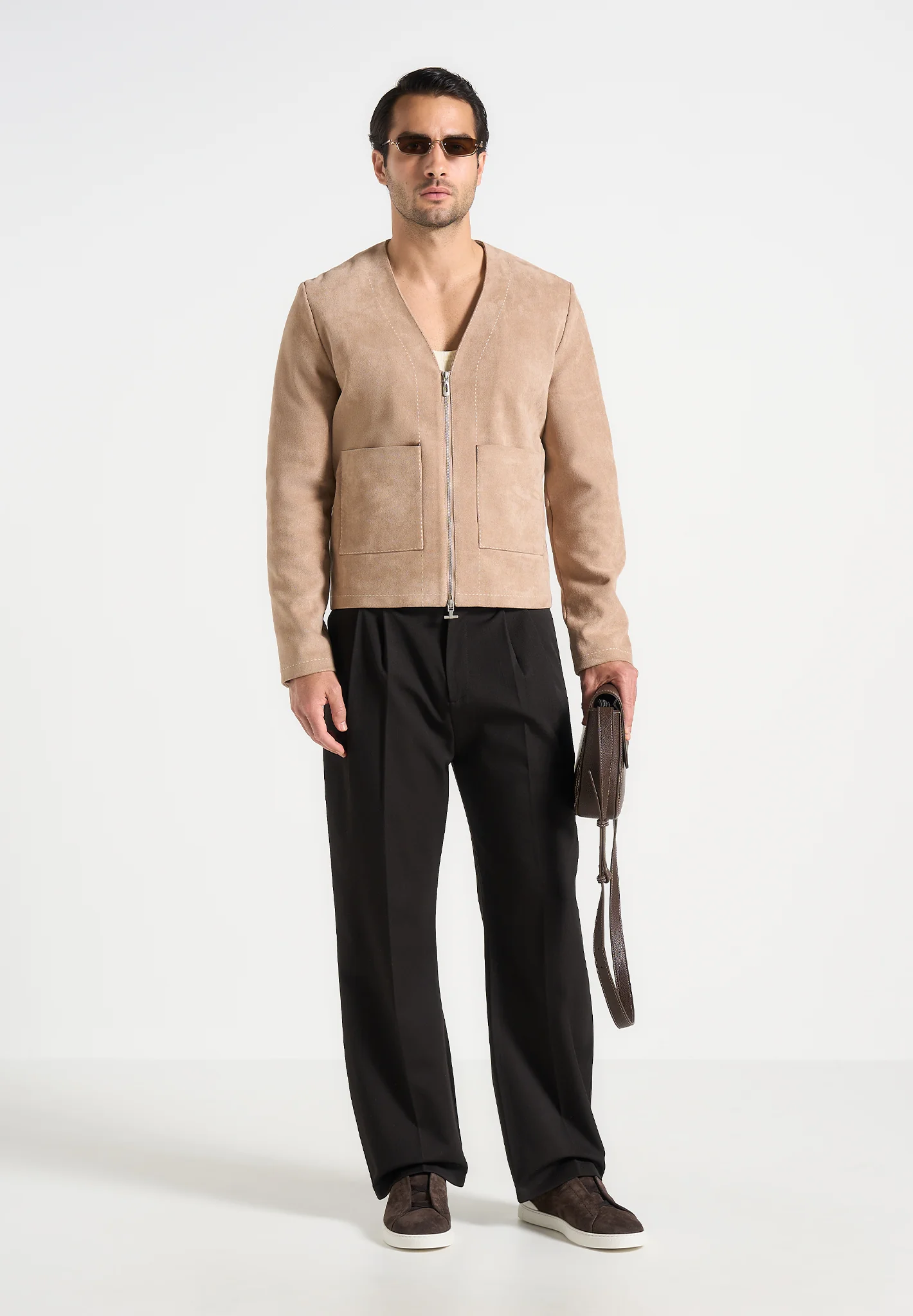 Maxime - Suede Zip Jacket With Contrast Stitch - Beige - Image 2