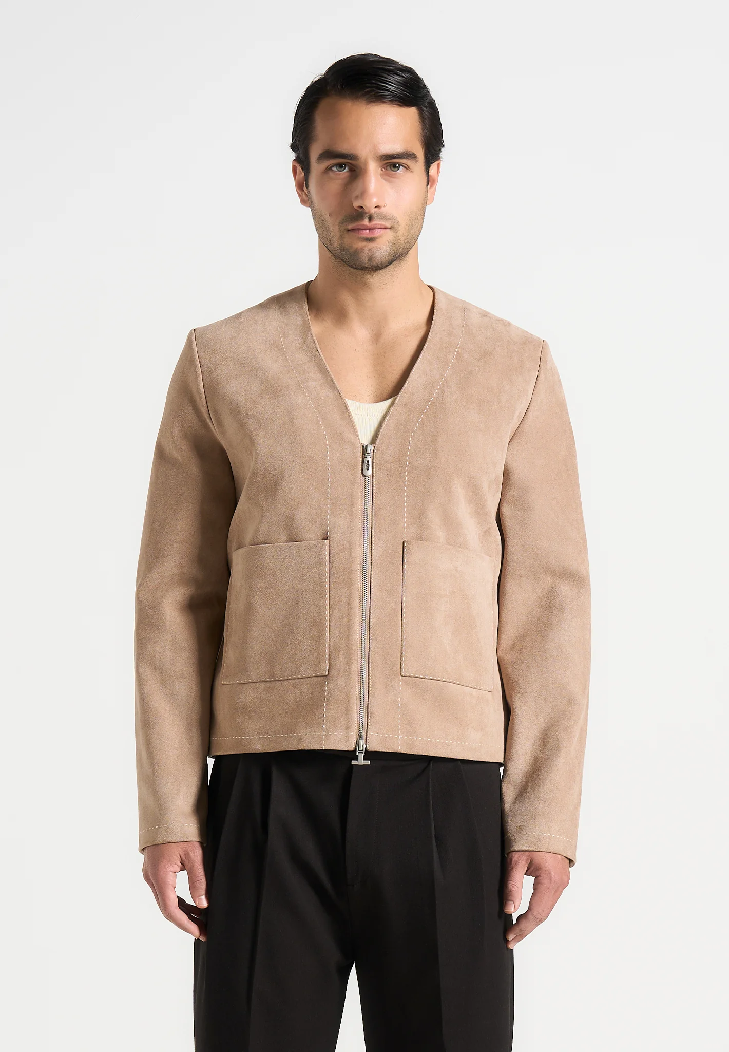 Maxime - Suede Zip Jacket With Contrast Stitch - Beige - Image 5