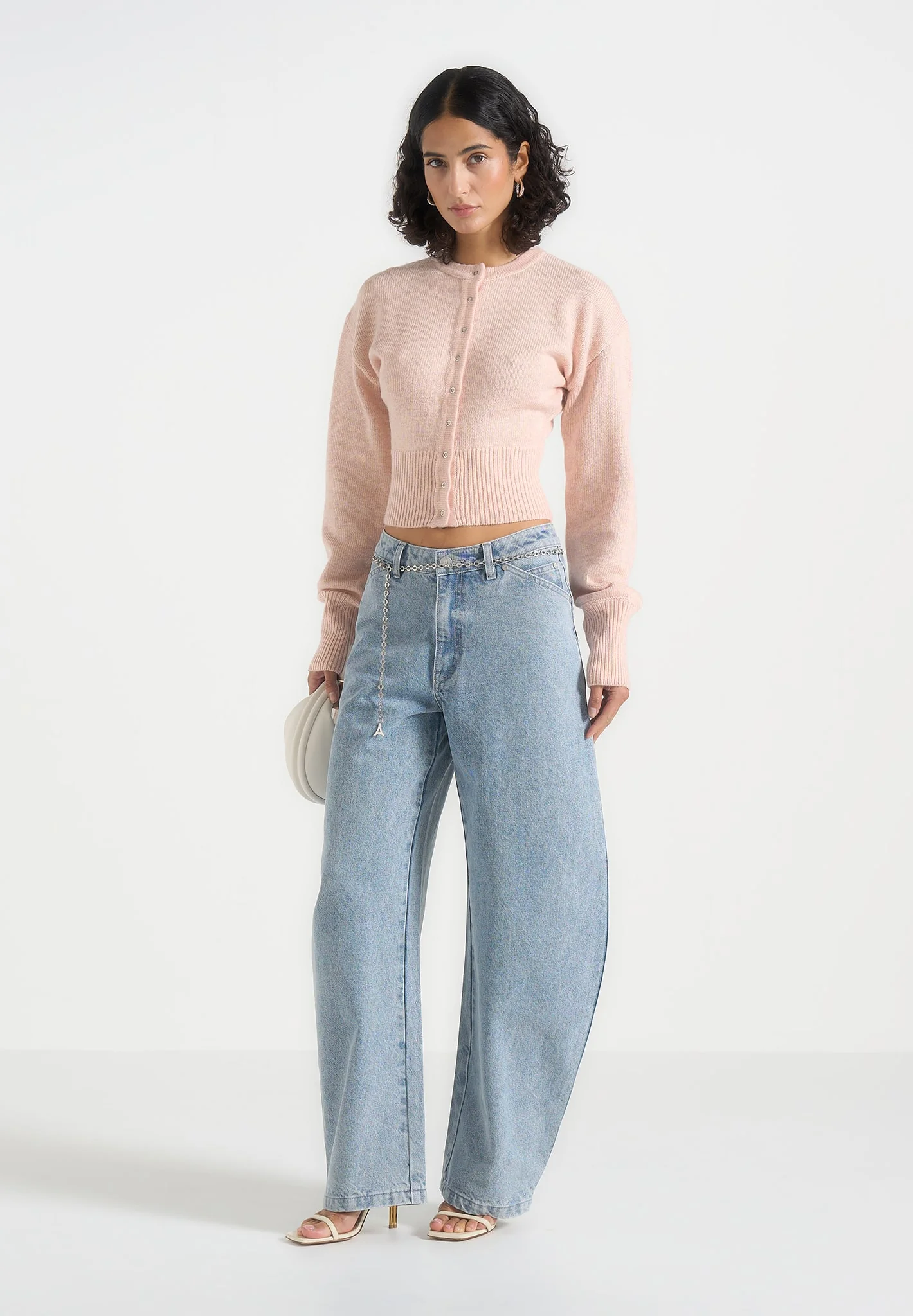 Mayla - Knitted Cinch Waist Cardigan - Pale Pink - Image 2