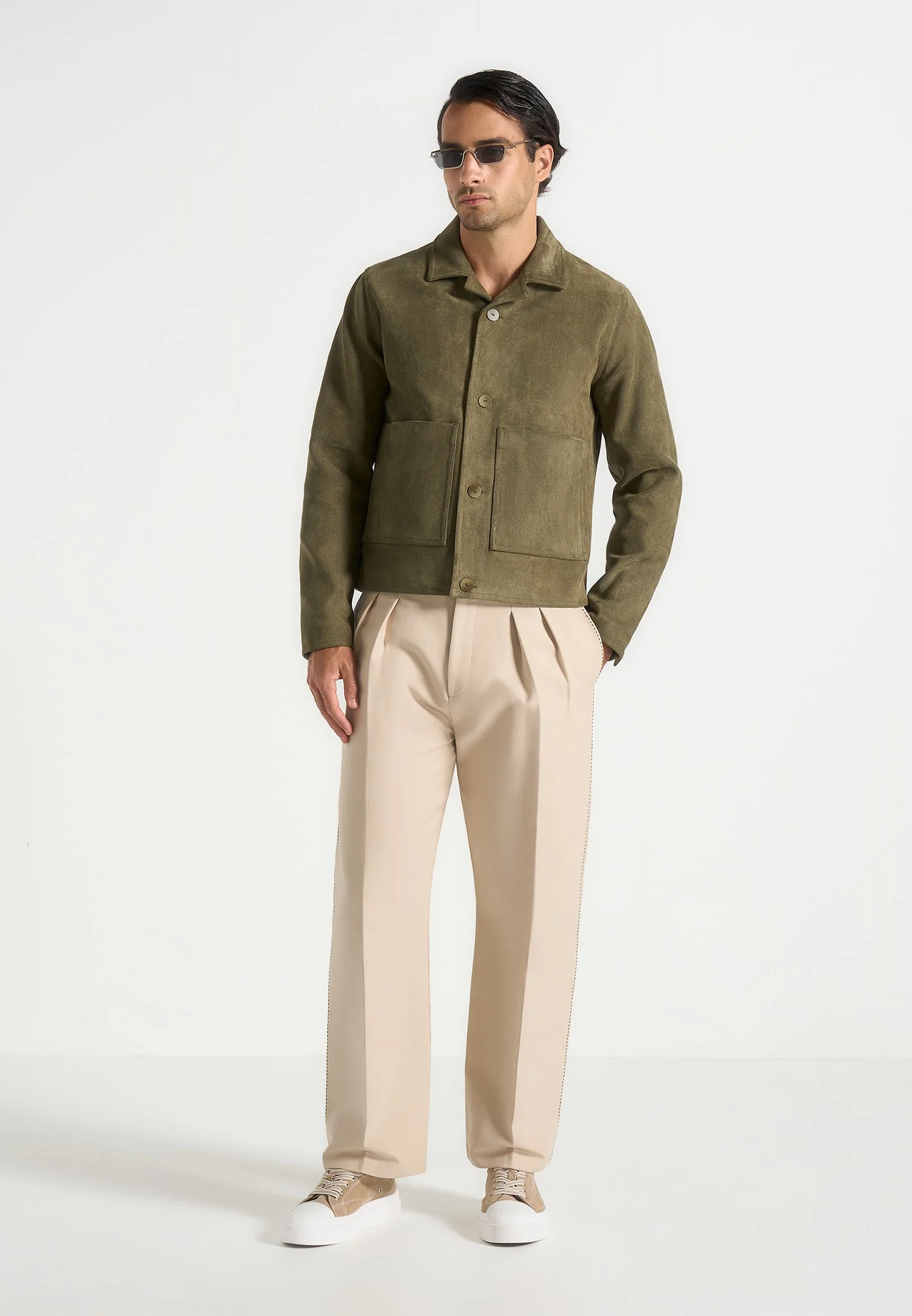 Michel - Suede Jacket With Revere Collar - Olive - Image 4
